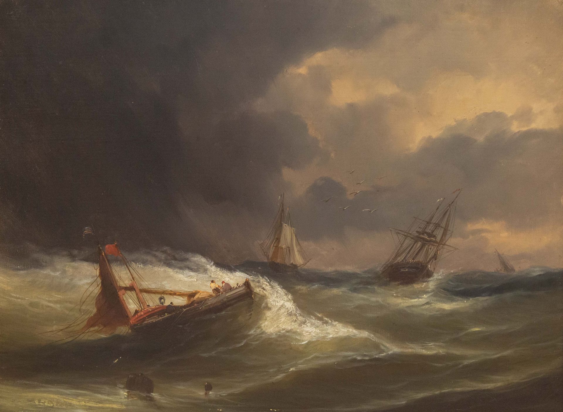 Null 20世纪的学校。"风暴中的船只"。布面油画，无签名。尺寸：48x65厘米
