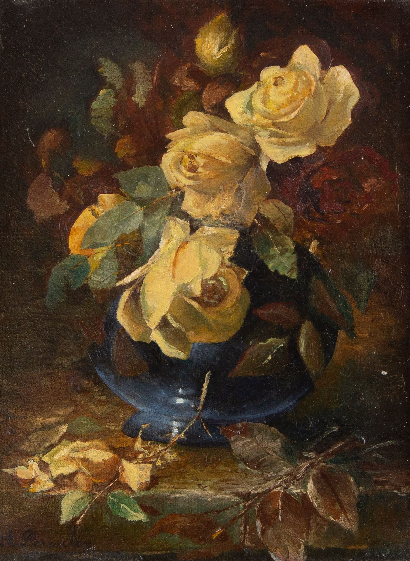 Null 安德烈-佩拉松（1827-1909）。"玫瑰花束"。布面油画，左下方有签名。尺寸：32x24厘米（画布略微翘起）。