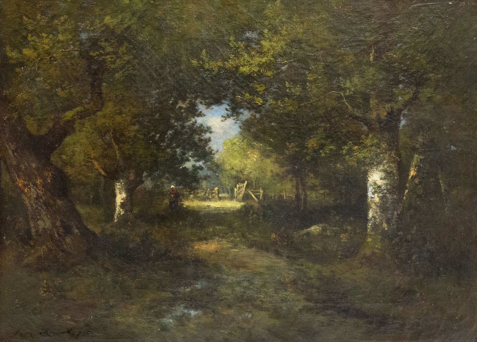 Null Léon RICHET (1847-1907). "Clairière en clair obscur". Huile sur toile signé&hellip;