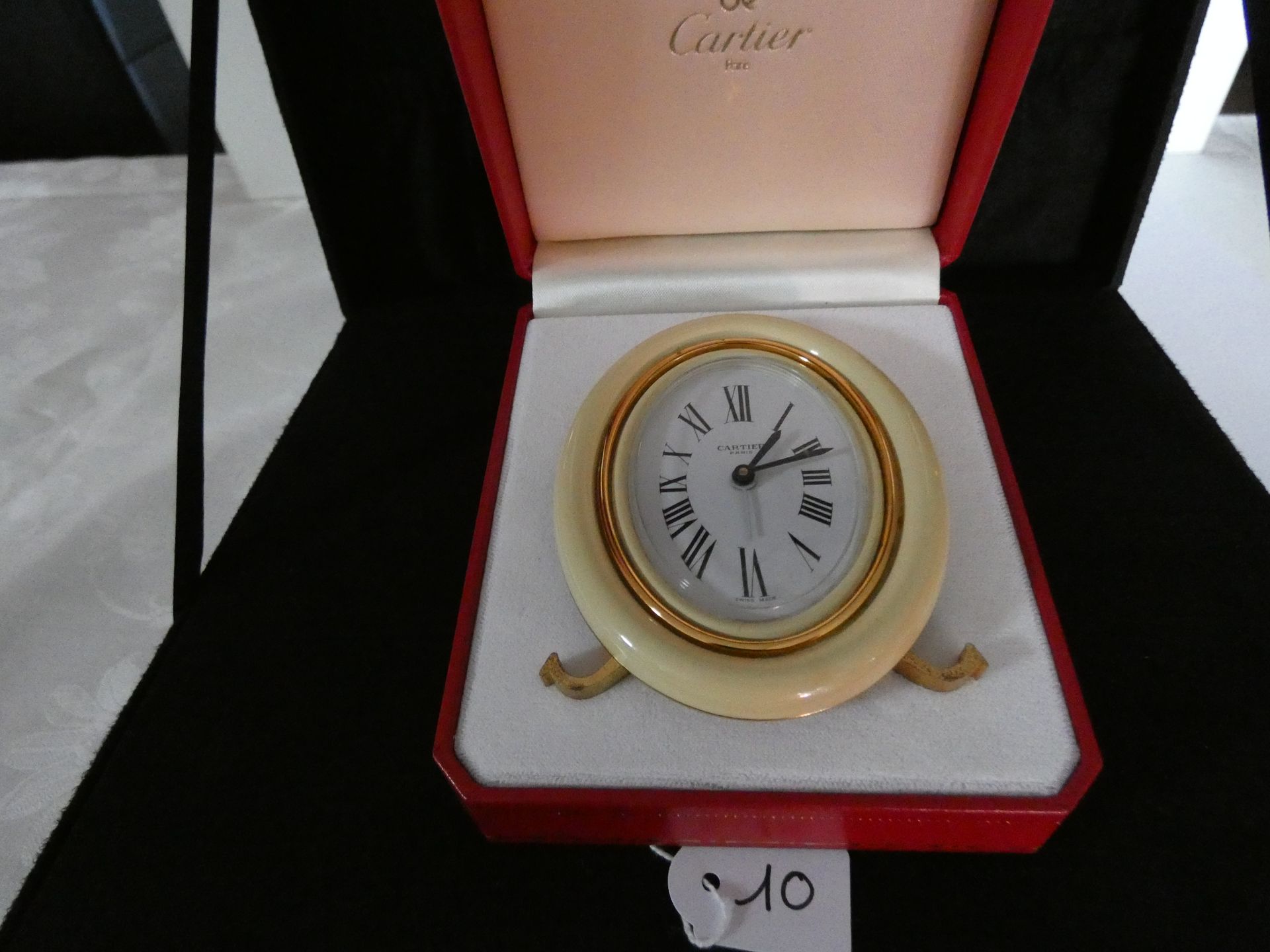 Null 1 CLOCK CARTIER BATHTUB MODEL IVORY IN BOX AND CERTIFICATE