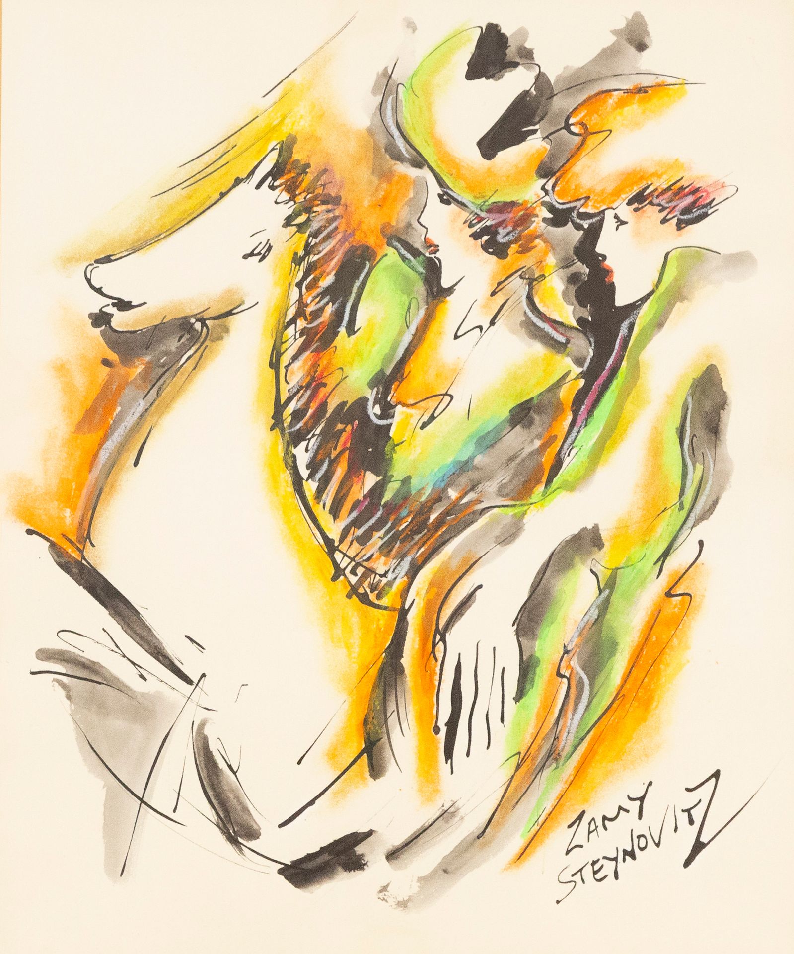 Null 扎米-斯泰诺维茨（1951-2000）《女人和马》。纸面水墨画，左下方有签名。