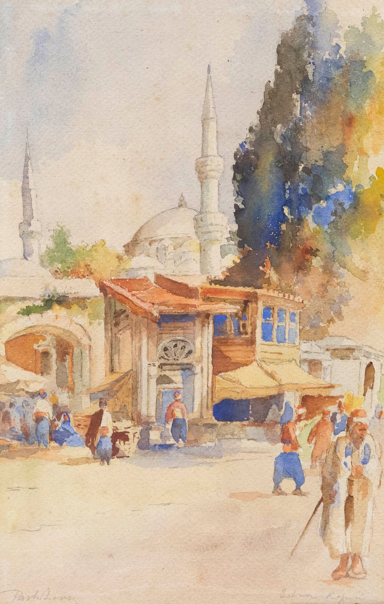 Null 二十世纪的土耳其学校。"伊斯坦布尔的市场纸上水彩画，右下方有签名和日期。44x27.5 厘米。