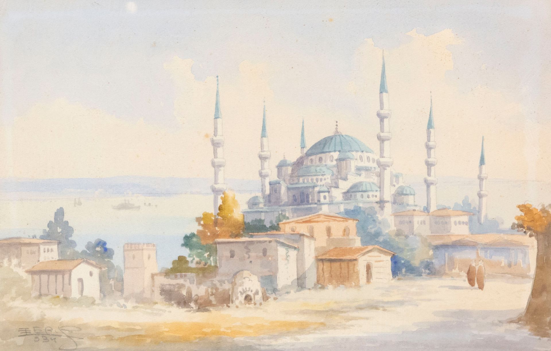 Null Ro CHERIF（第十九至二十世）《伊斯坦布尔的法提赫清真寺》。纸面水彩画，左下方有签名。