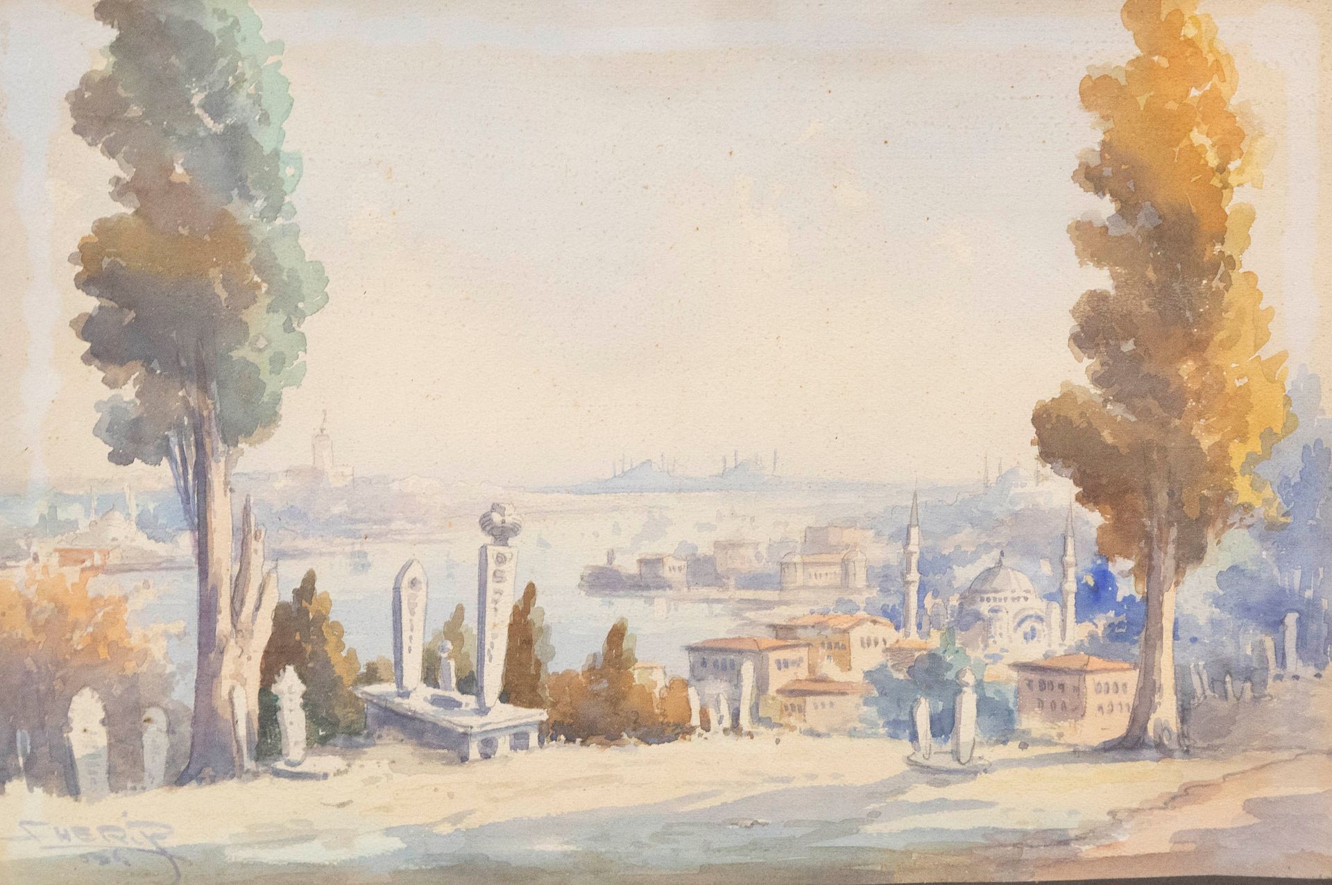 Null 罗-切里夫（Ro CHERIF，第十九至二十世）《伊斯坦布尔的风景》。纸上水彩画，左下方有签名和日期 34。