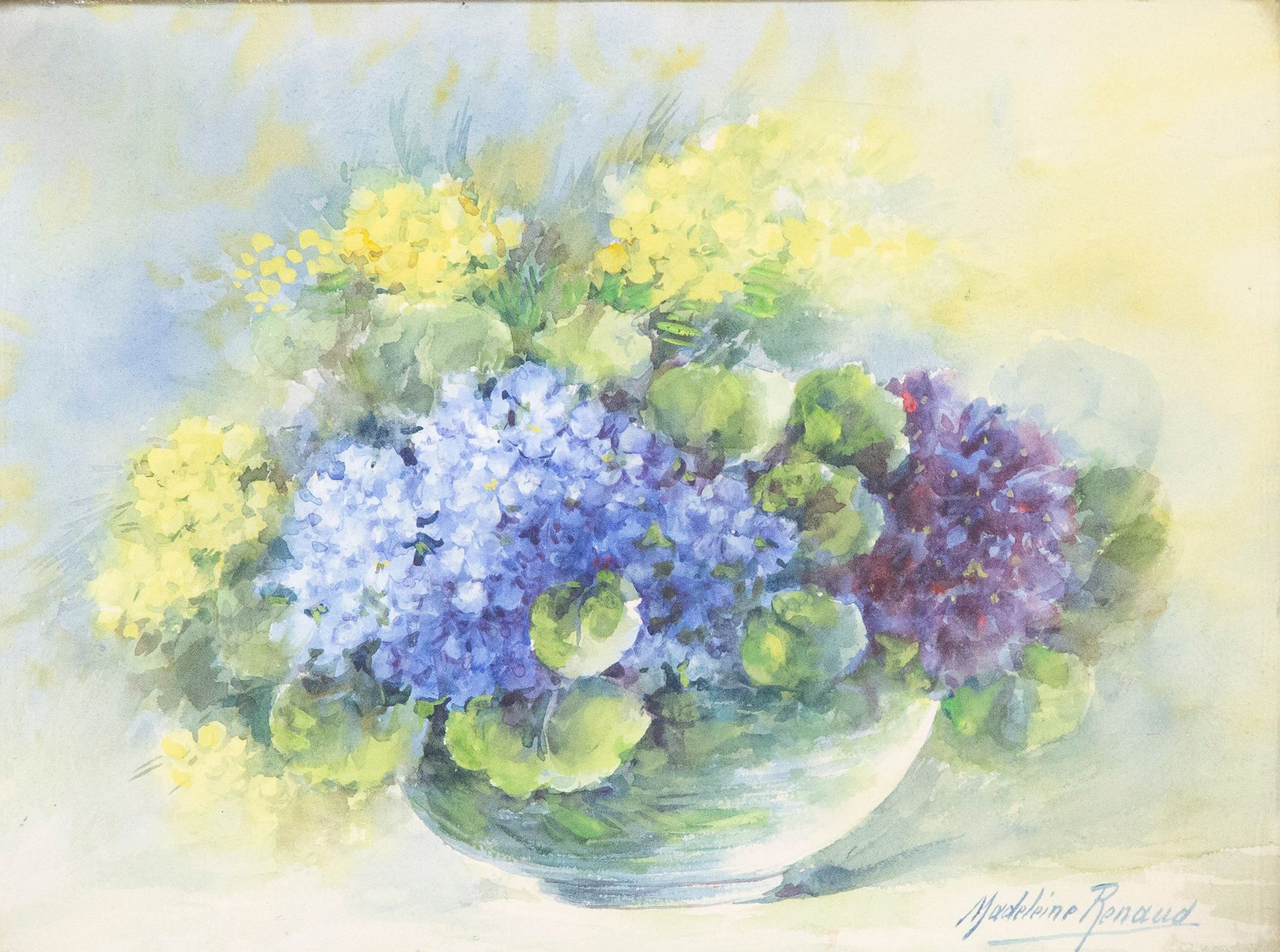 Null 玛德琳-雷诺（1900-1994 年）《绣球花和含羞草花束》。纸面水彩画，右下方有签名。29x40 厘米。