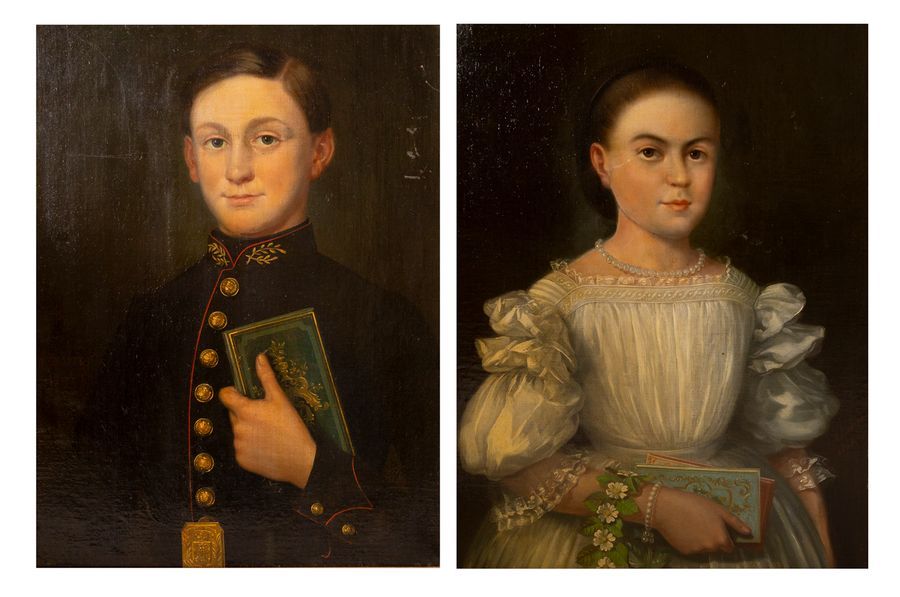 Null « Deux enfants dont un en uniforme de lycéen, vers 1850 ». Paire d'huile su&hellip;
