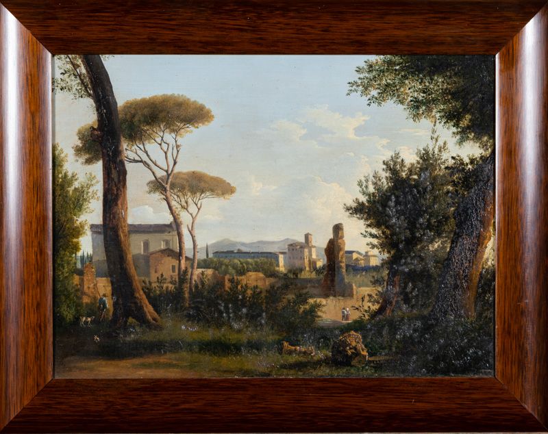 Null 18世纪末-19世纪初的意大利学校：有废墟的动画景观。布面油画。尺寸：30x40厘米。