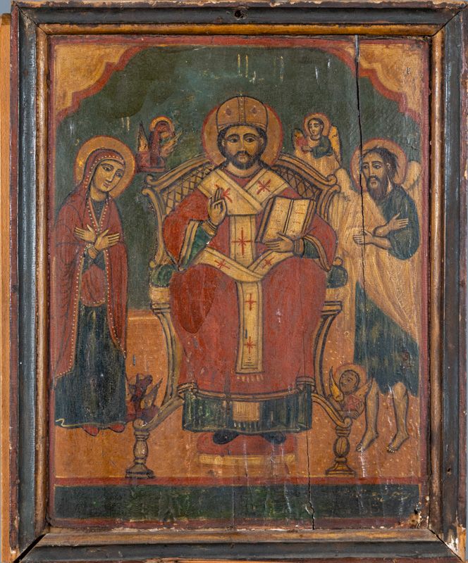 Null 东正教的圣像，代表着圣母和基督之间的宗教贵宾。粘贴在画板上的绘画（裂缝和缺损）。尺寸：49x38厘米。