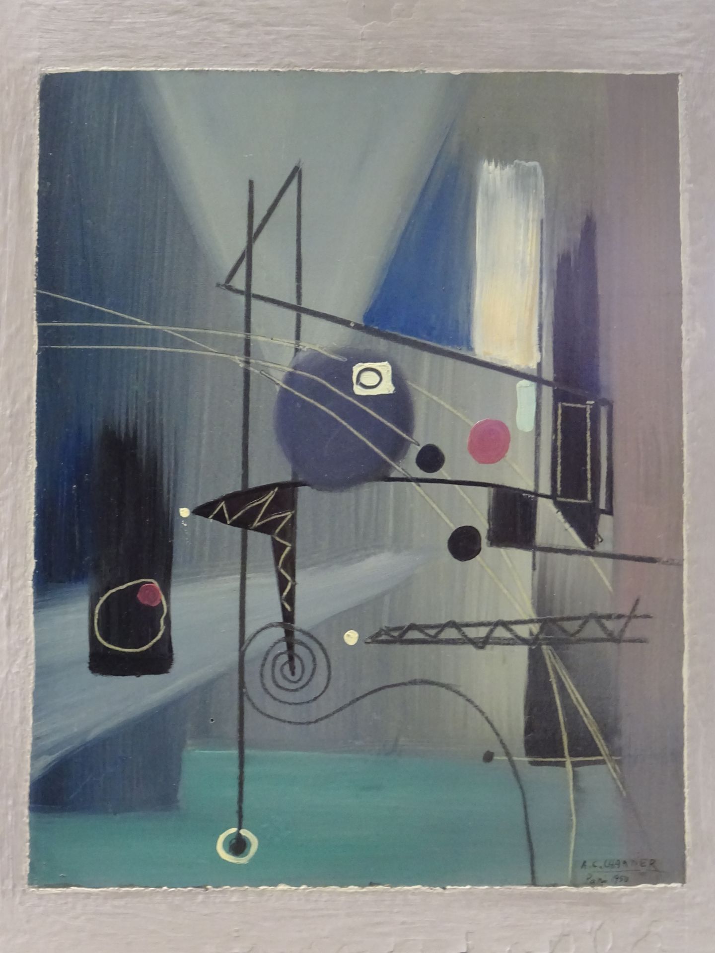 Null Alex Charles CHARTIER：抽象构图。油画，右下角有签名，位于巴黎1950年（边框底部有一些油漆渗漏）。尺寸：61x49,5cm。