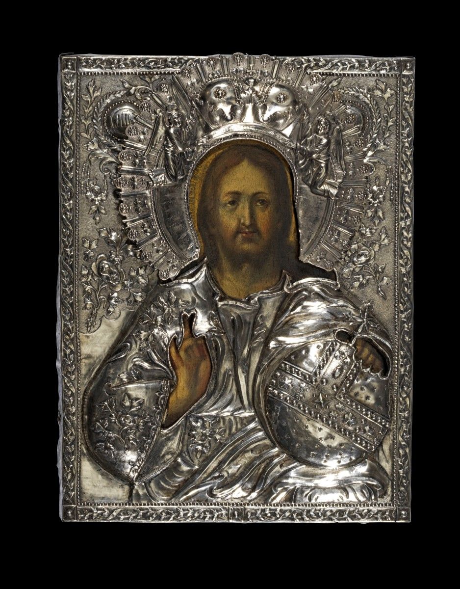 Ikone des Christus Pantokrator mit Silberoklad. Orthodox icon of Christ Pantocra&hellip;