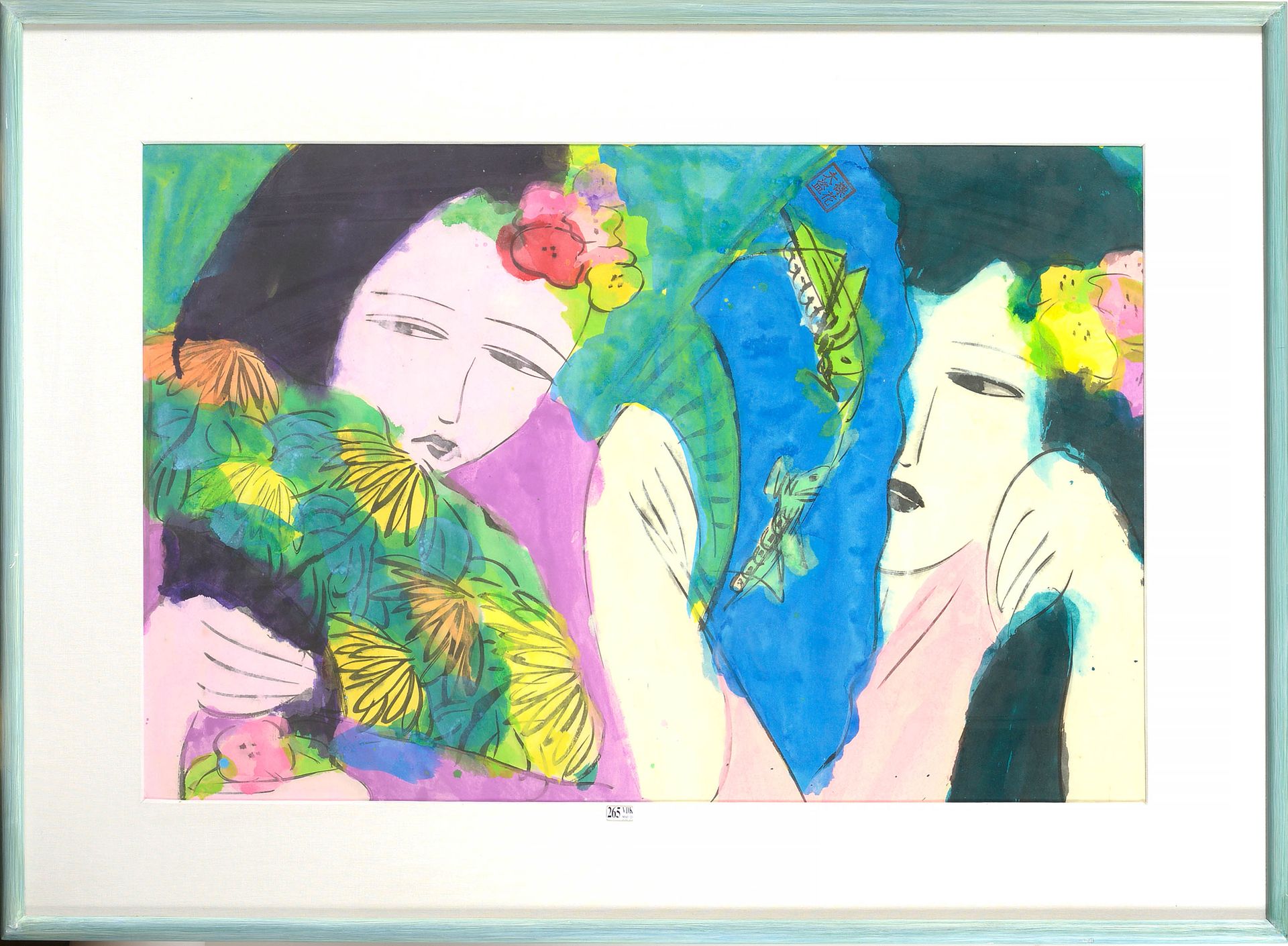TING Walasse (1929 - 2010) "Geishas aux éventails" acrylique sur papier de riz. &hellip;