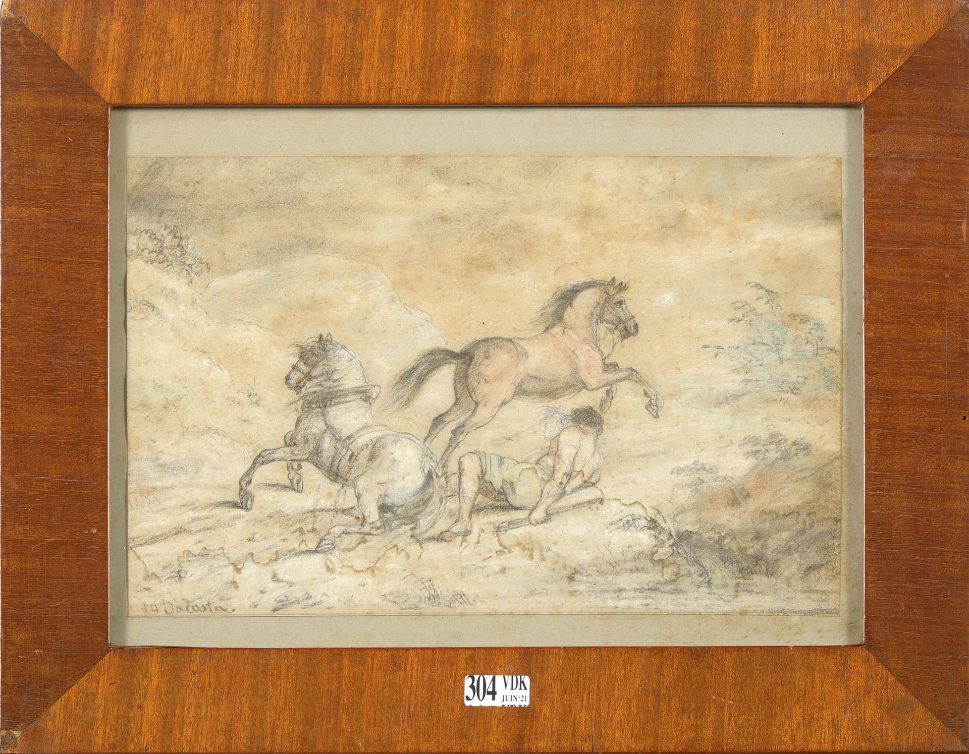 S.D. DACOSTA (?) (XIXème) "La chute de cheval", fusain et aquarelle sur papier. &hellip;