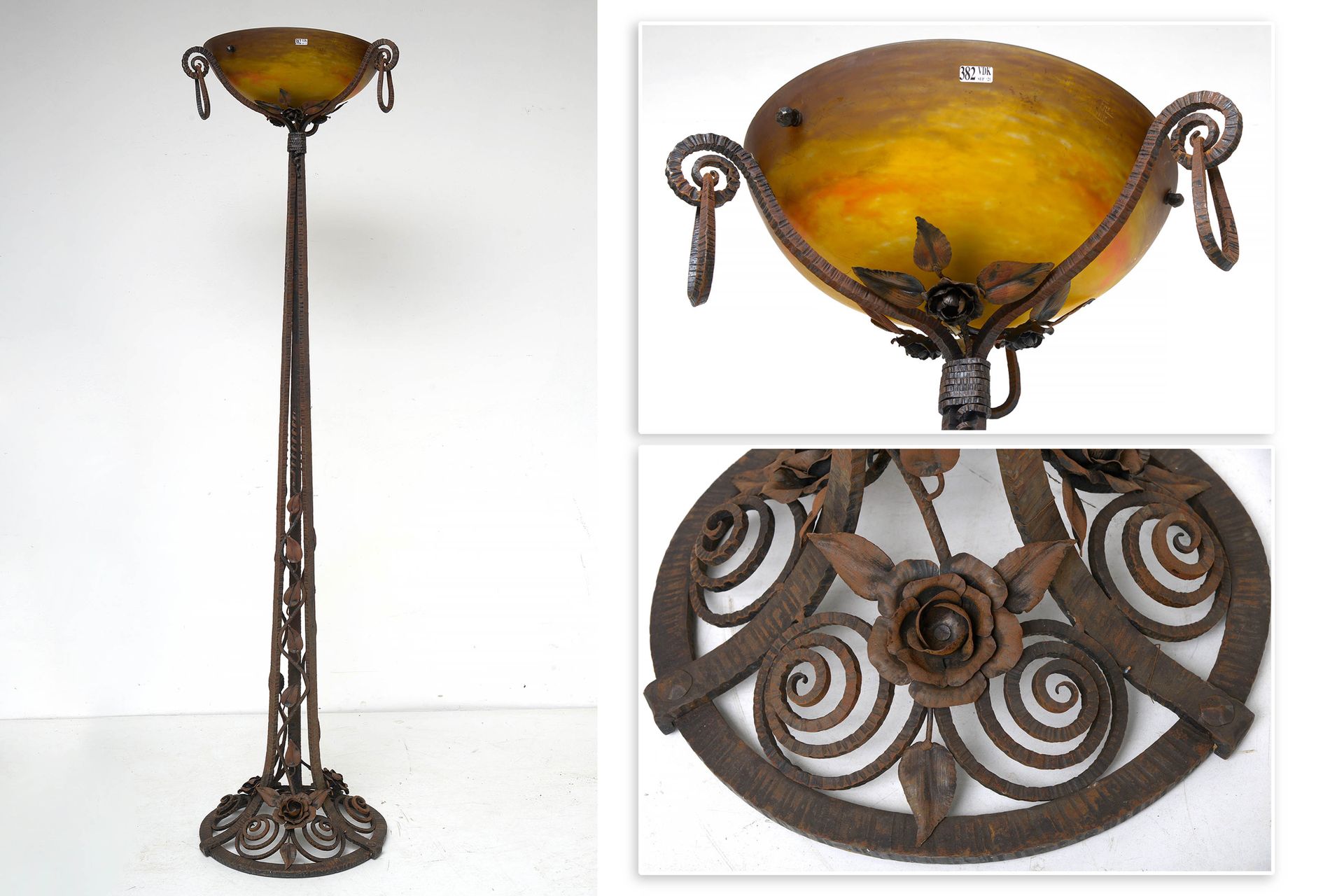 MULLER FRERES (1897 - 1936) Lampada da terra Art Nouveau in ferro battuto con un&hellip;