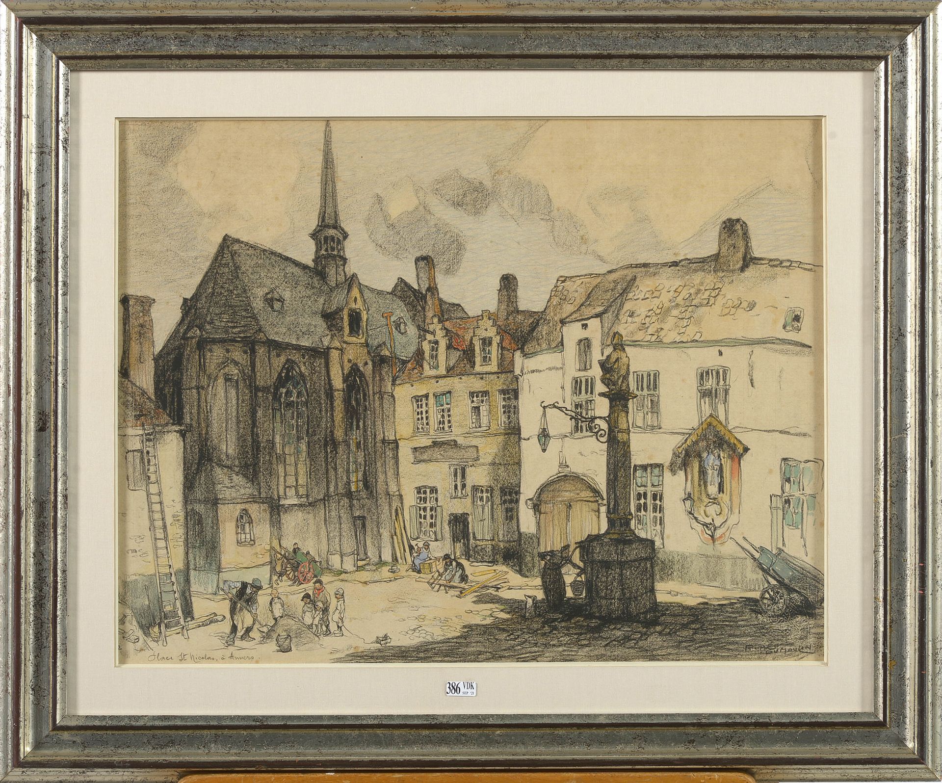 DUMOULIN Roméo (1883 - 1944) "安特卫普的Sint-Niklaas广场" 纸上炭笔、彩色铅笔和水彩画。签名右下：罗密欧-杜姆林。比利&hellip;