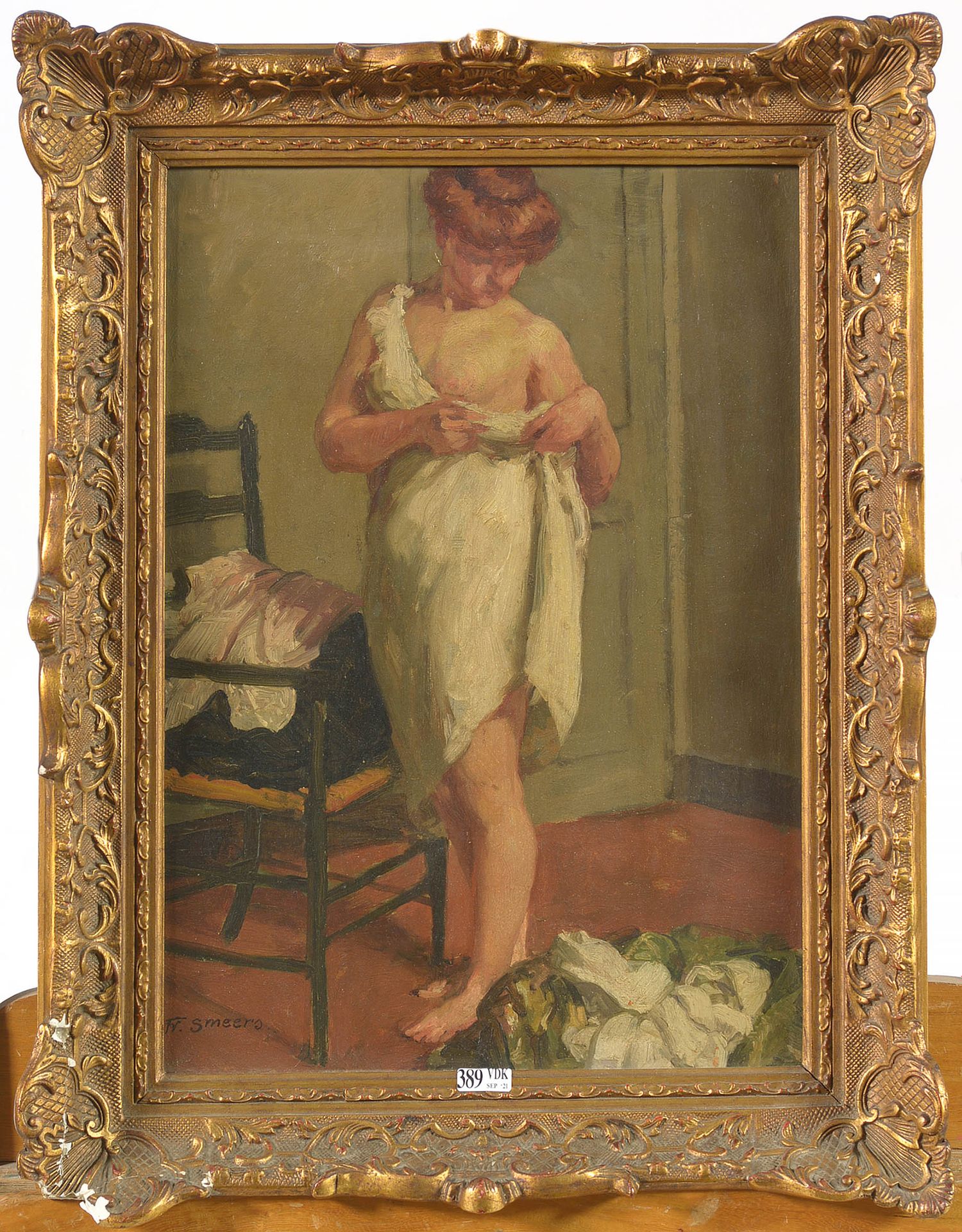 SMEERS Frans (1873 - 1960) Olio su pannello di mogano "Après la toilette". Firma&hellip;