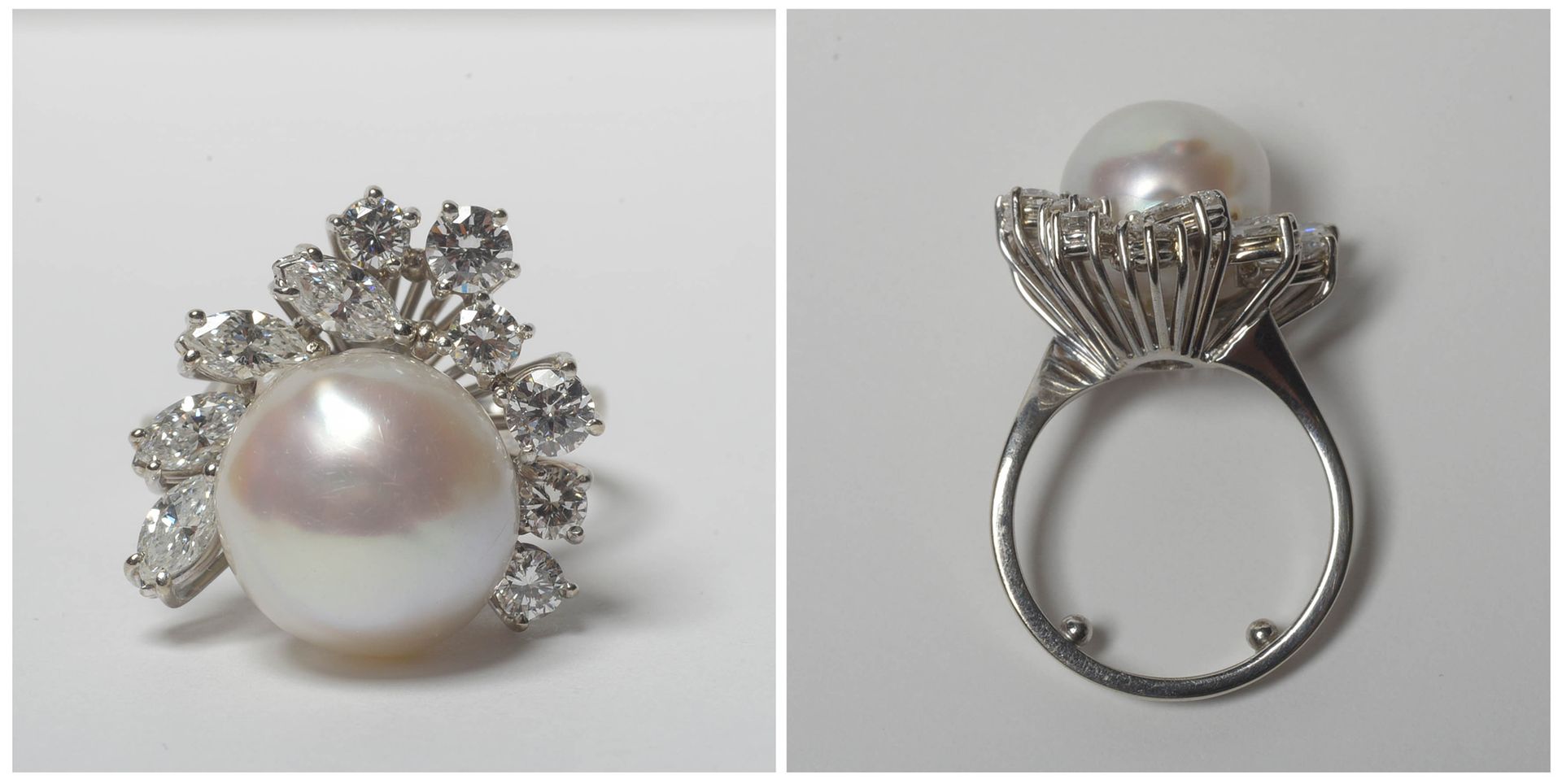 Null 18K白金戒指，镶有明亮型和榄尖形切割钻石，共+/-1.30克拉（颜色：D-E-F；净度：VVS-VS）和一颗野生珍珠（直径：11.5毫米）。手指（公&hellip;