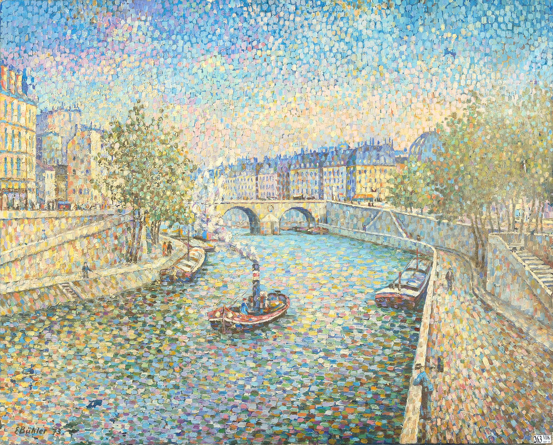 BÜHLER E. (XIXème) Oil on canvas "View of the Seine in Paris". Signed lower left&hellip;