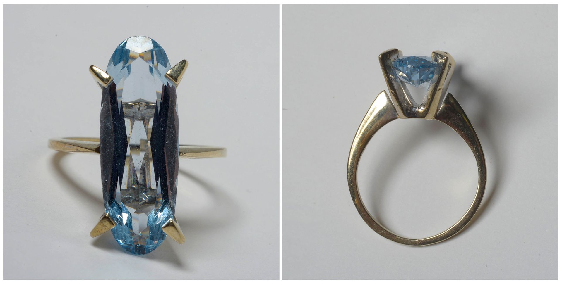 Null 18K白金戒指，镶嵌了一颗+/-8克拉的椭圆形海蓝宝石。手指（公制）：52。总重量: +/-5gr.
