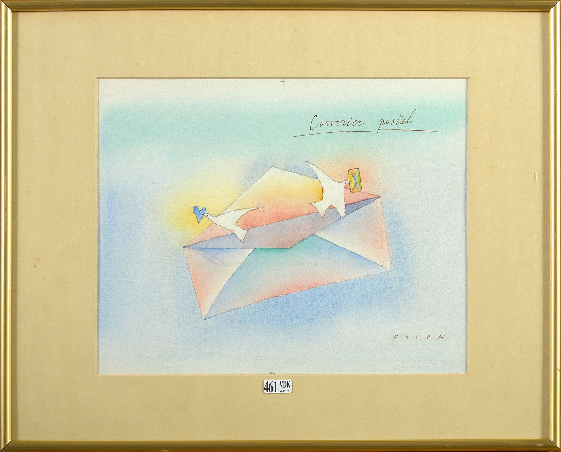 FOLON Jean-Michel (1934 - 2005) "Courrier postal" aquarelle sur papier. Signé en&hellip;