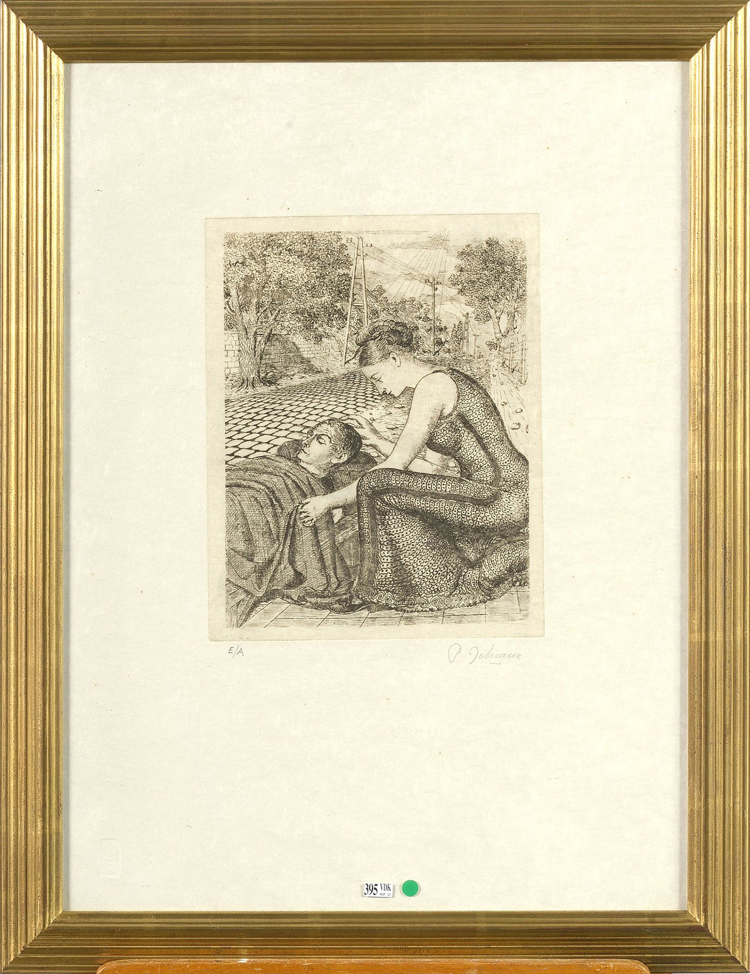 DELVAUX Paul (1897 - 1994) "Le blessé "在Japon纸上的蚀刻画。版面外右下方有P. Delvaux的石墨签名，并标有 "&hellip;