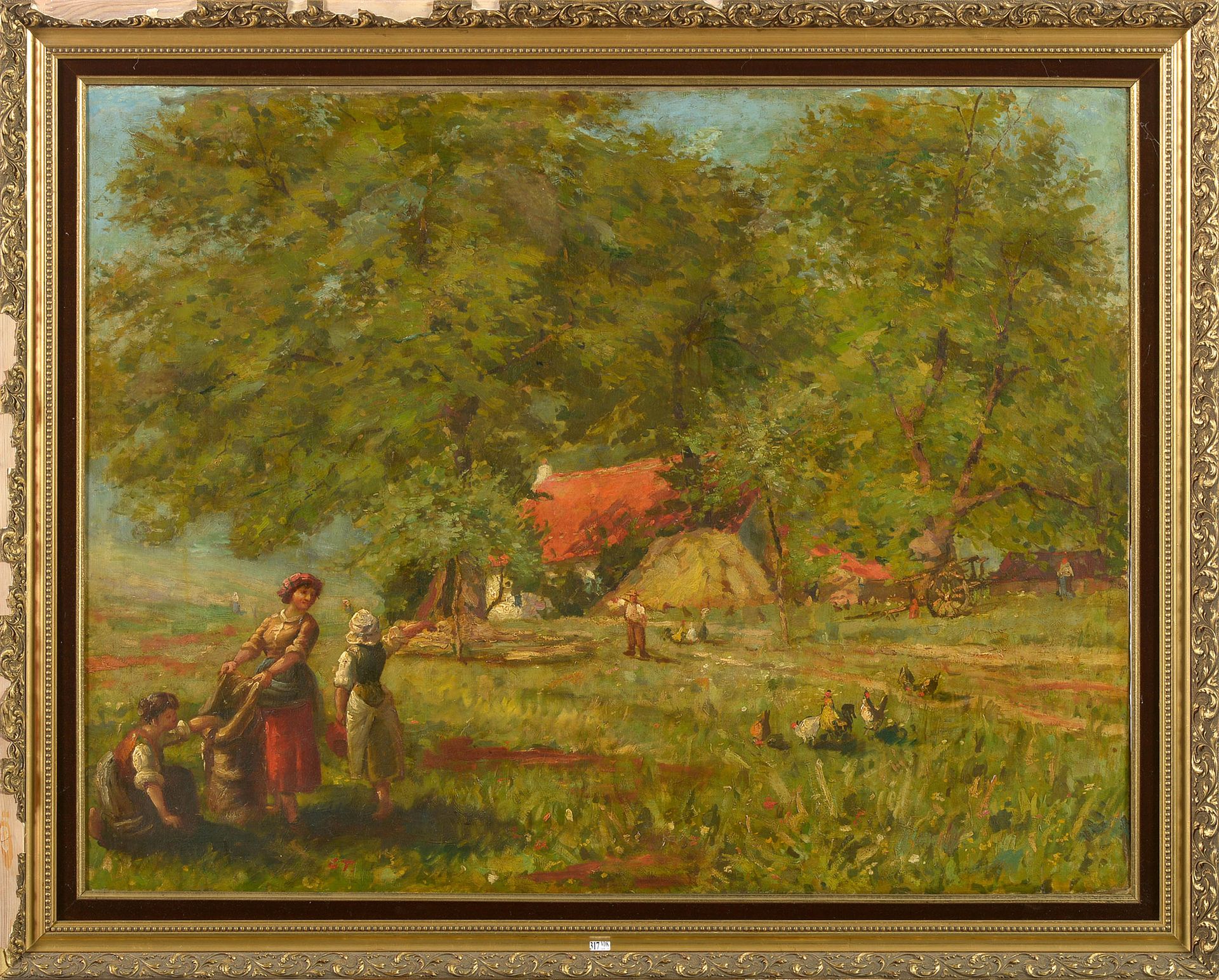 G.T. (XIXème) 镶嵌在画布上的油画《热闹的农场场景》。左下角有G.T.的字样。年代：19世纪。尺寸：+/-100,5x131厘米。
