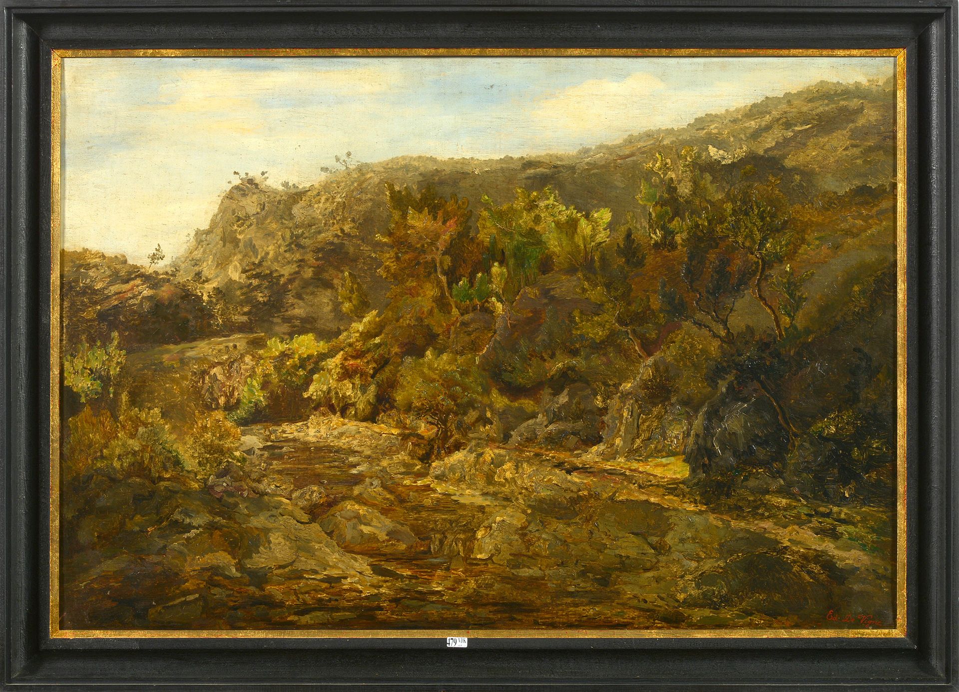 DE VIGNE Edouard (1808 - 1866). (?). Olio su tela "Paesaggio con rocce". Firmato&hellip;