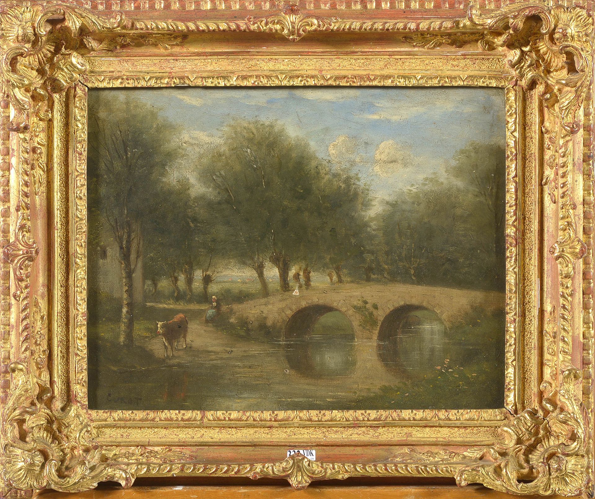 COROT Camille (1796 - 1875) 布面油画《桥脚下的农妇，河边的风景》。左下角署名：Corot。法国学校。(*).尺寸：+/-30,7x3&hellip;