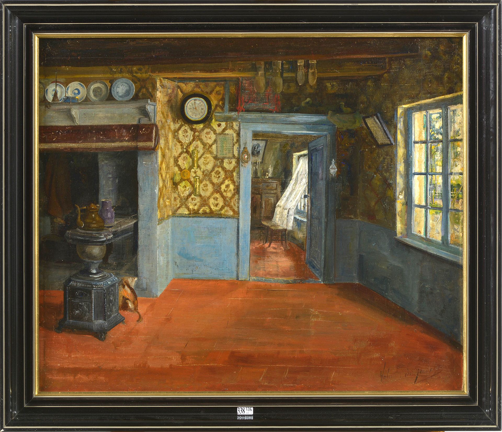DE SAEDELEER Valérius (1867 - 1942) 镶嵌在无光板上的油画《Lissenweghe的房屋内部》。签名右下：Valérius d&hellip;