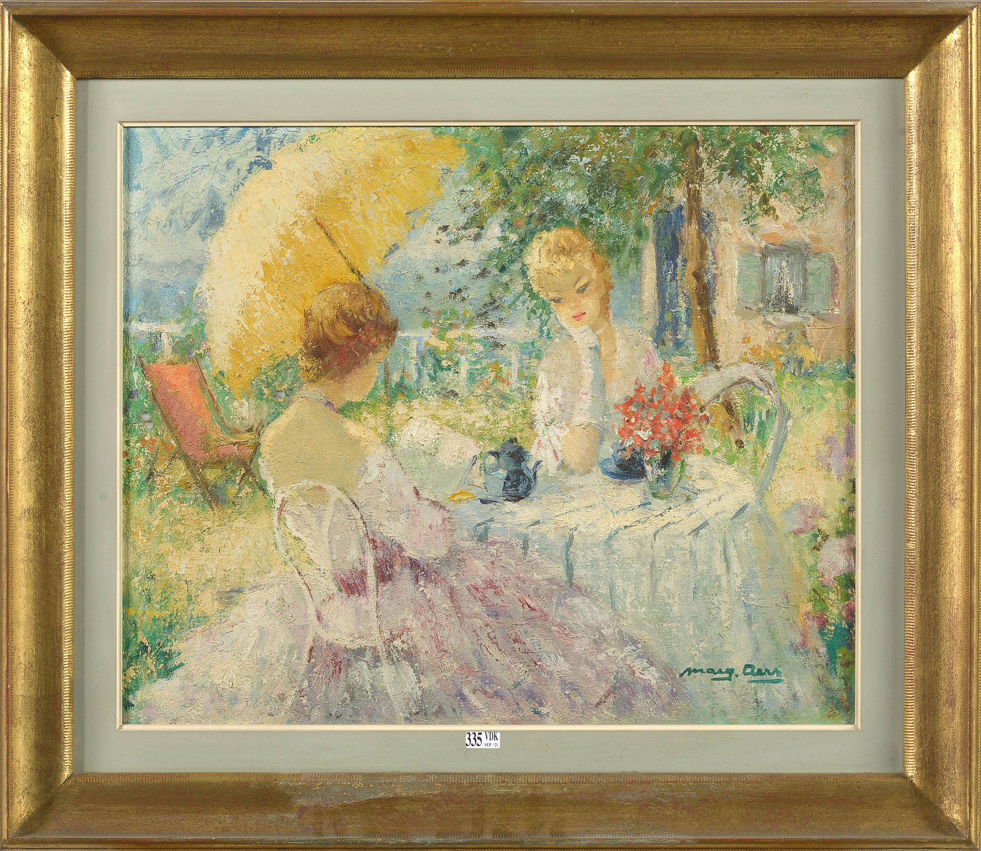 AERS Marguerite (1918 - 1995) Olio su tela "Donne eleganti in giardino". Firmato&hellip;