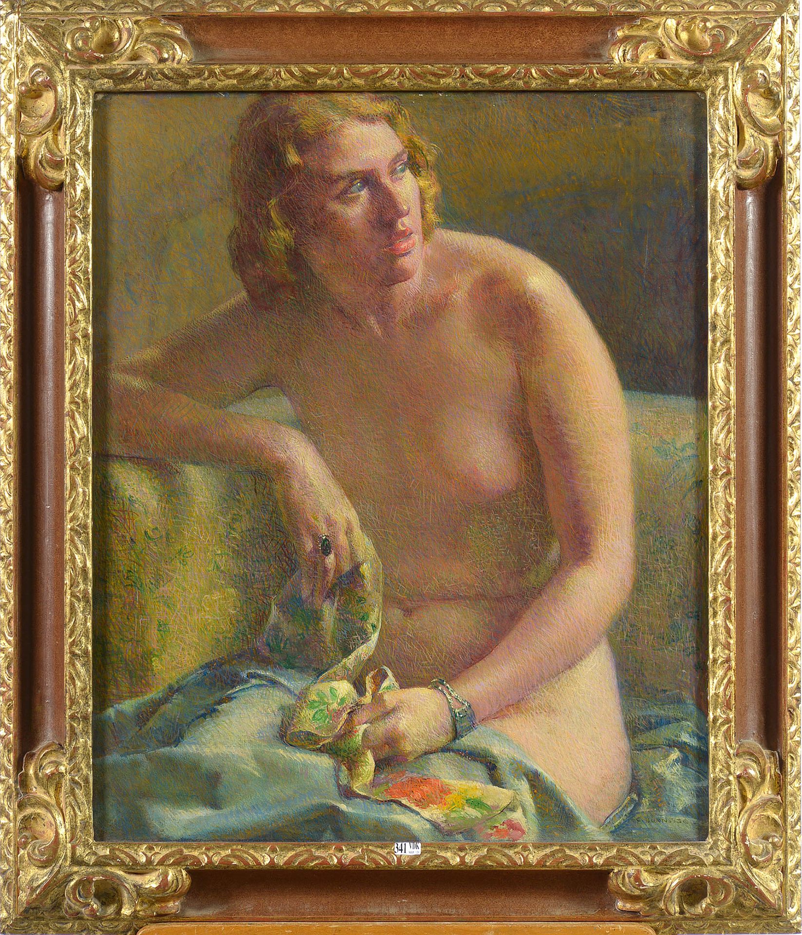 BURNSIDE Cameron (1887 - 1952) 布面油画《女性裸体坐姿》。右下角有签名C.伯恩赛德。美国学校。尺寸：+/-73,5x60,5厘米。