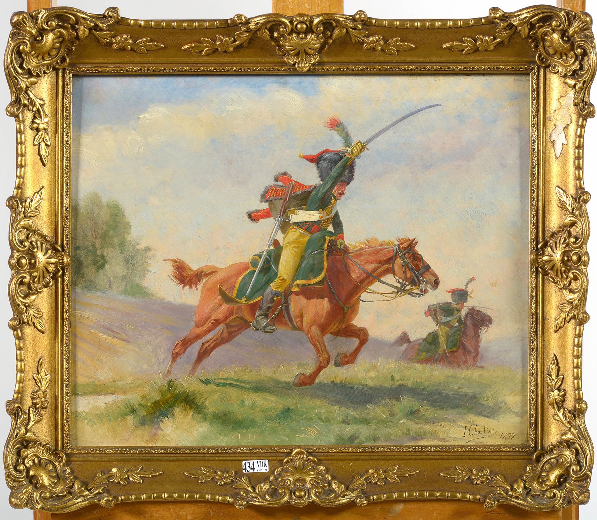 CHARTIER Henri - Georges (1859 - 1924) Oil on panel "La charge des Hussards". Si&hellip;