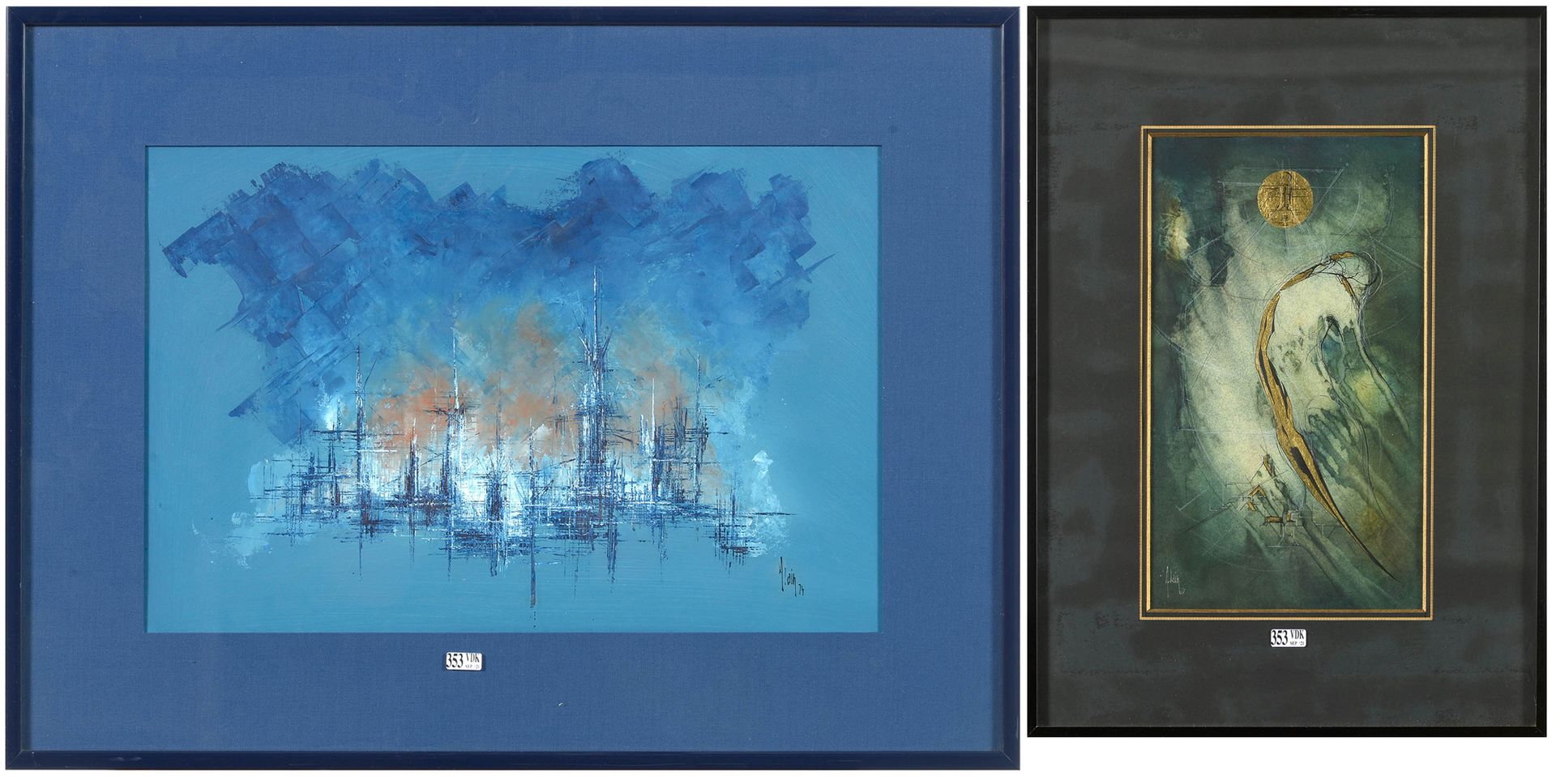 BALENCOURT Alain (1947) 两幅纸上混合媒体作品《升天》和《建筑城市景观》，包括水彩、油画、黑墨水、白粉笔和金色亮点。签名为Alain Ba&hellip;