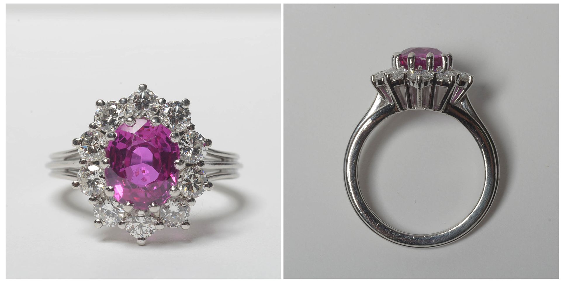 Null 18K白金戒指镶嵌了一颗+/-1.50克拉的粉色蓝宝石和明亮式切割钻石，总重+/-1克拉。手指大小（公制）：54。总重量：+/-9.3gr。