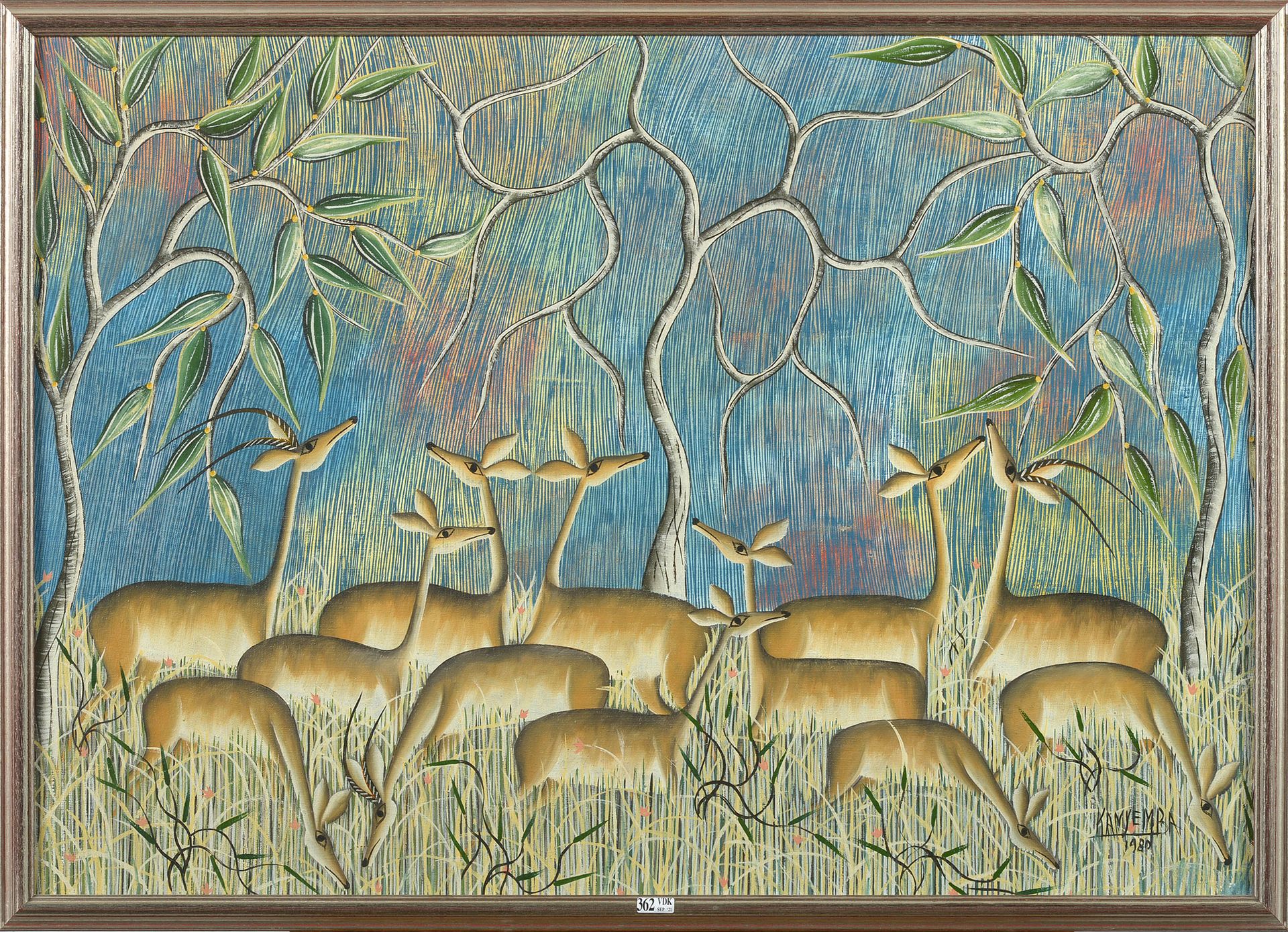 KANYEMBA Louis (1937) 布面油画 "Les gazelles"。右下角有Kanyemba的签名和1980年的日期。刚果的伊丽莎白维尔学校。尺&hellip;