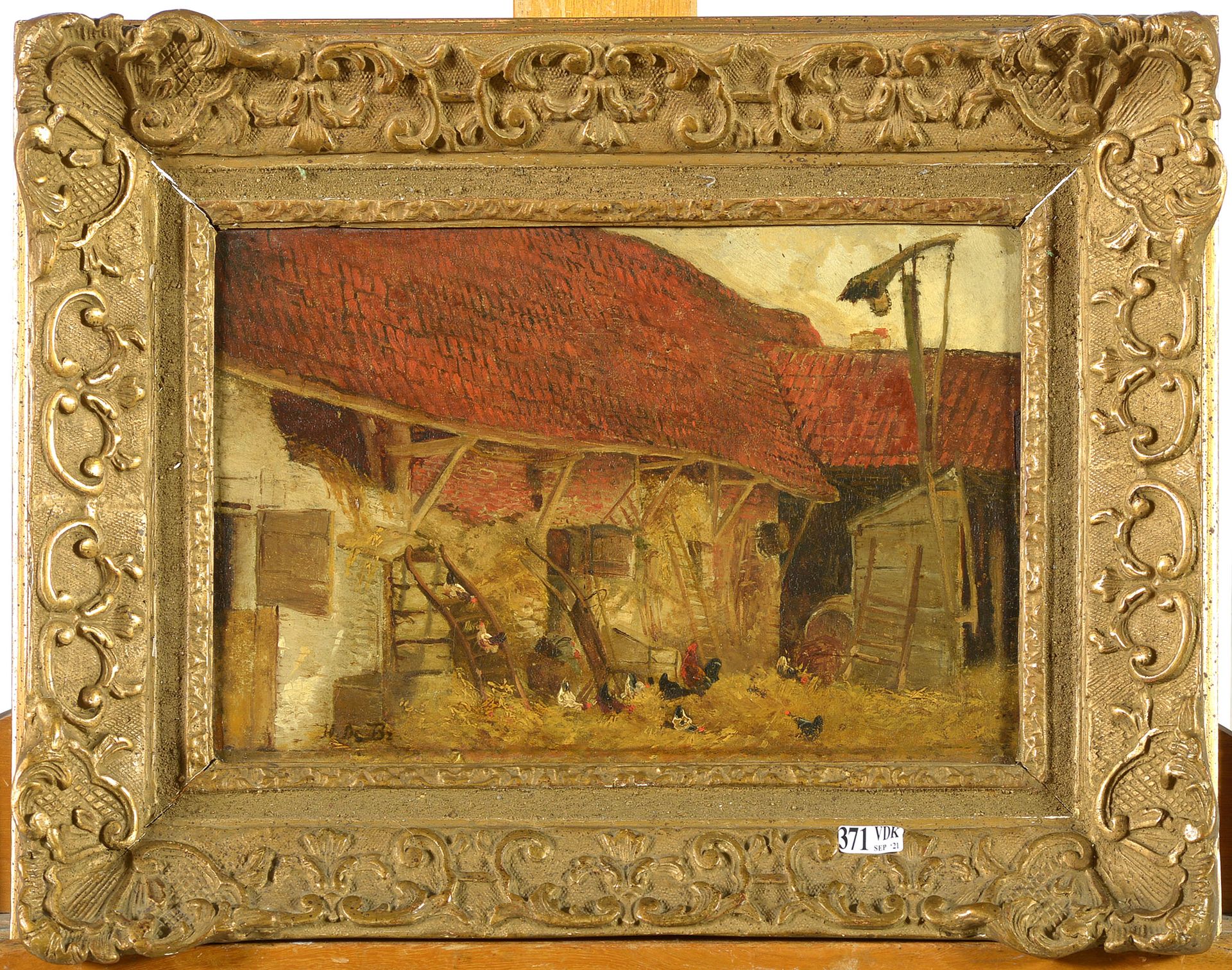 DE BRAEKELEER Henri (1840 - 1888). (?). 红木板上的油彩 "农家院景"。左下角有H.D. BR.的字样，代表Henri d&hellip;