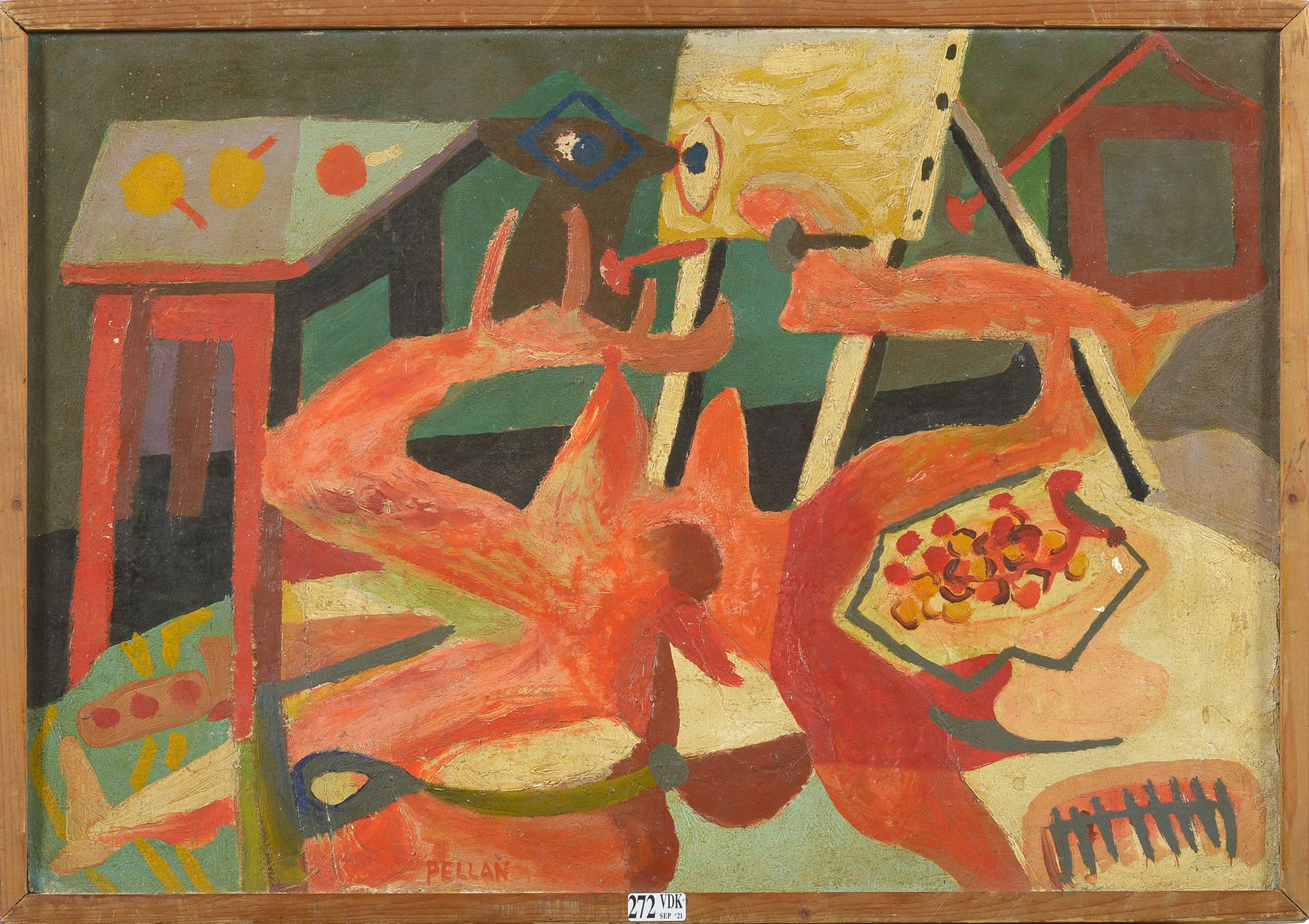 PELLAN Alfred (1906 - 1988) 布面油画《静物》。签名：佩兰中下。魁北克学校。(小碎片和一个打击)。尺寸：+/-38,3x55厘米。