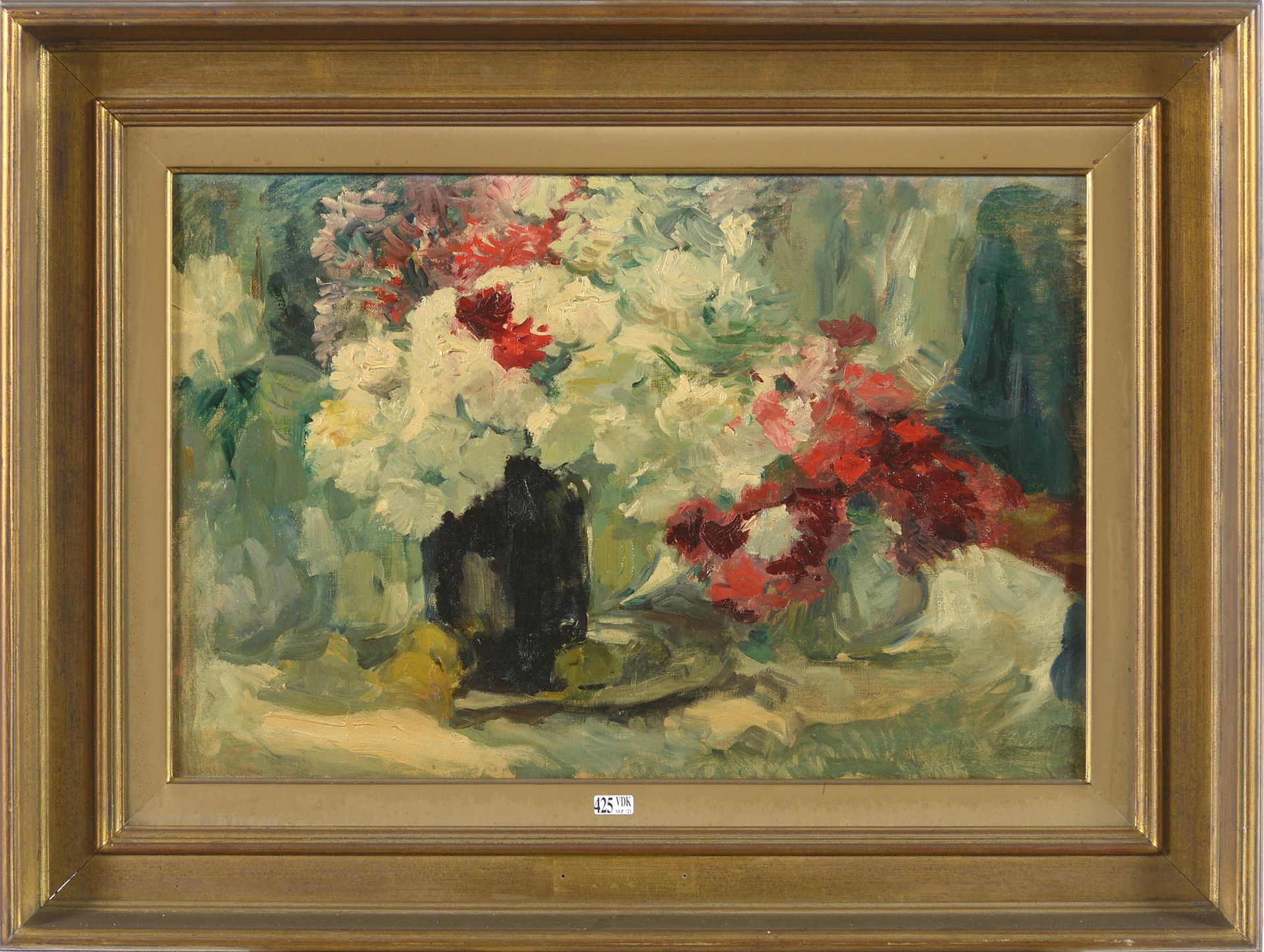 G.R. (XIXème - XXème). (?). 布面油画 "Nature morte aux vases de fleurs"。右下方有G.R.的字样。&hellip;
