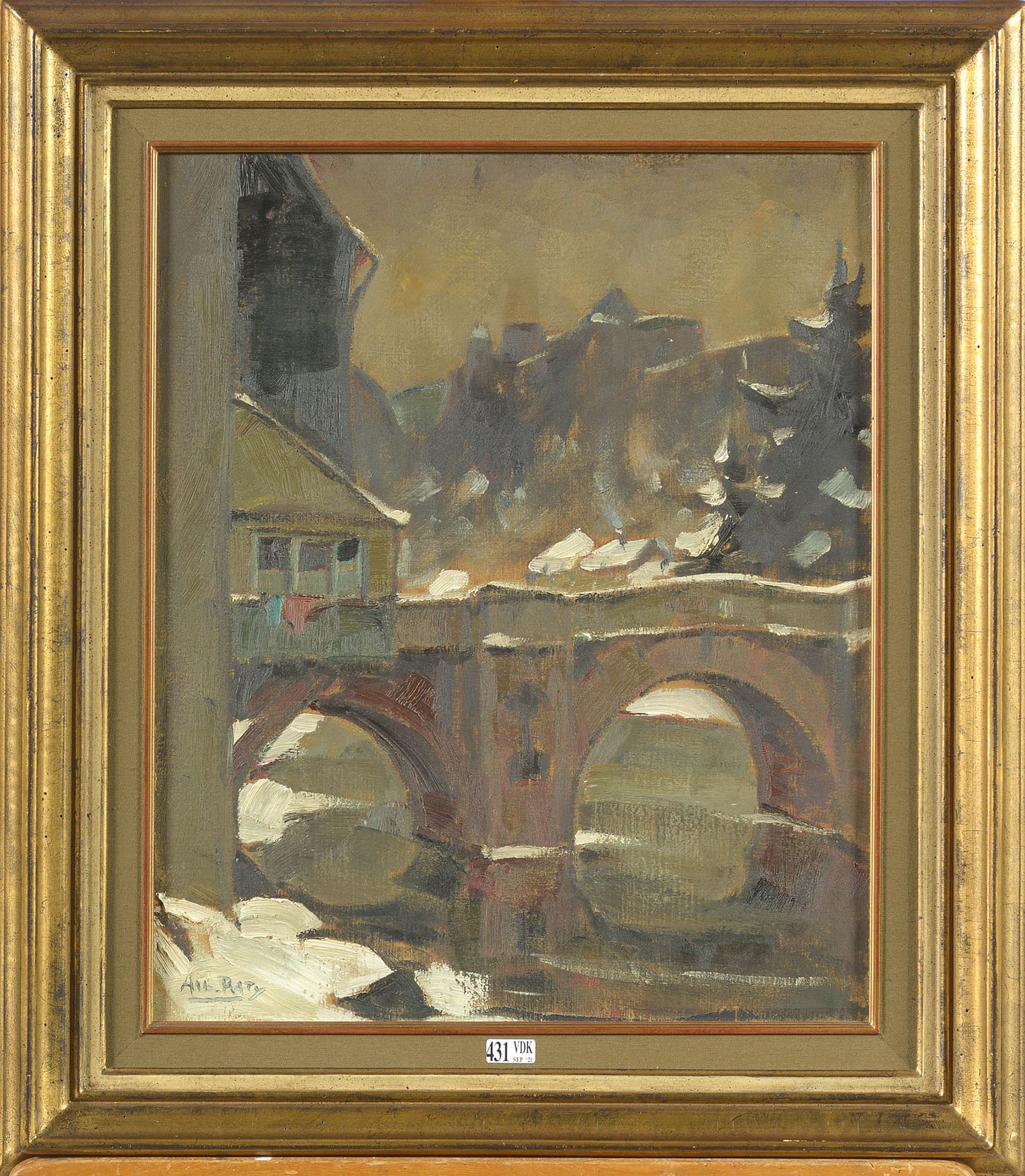 RATY Albert (1889 - 1970) 
布面油画 "冬季列日桥景"。左下角署名：Alb.拉蒂。比利时的学校。尺寸：+/-46x38厘米。