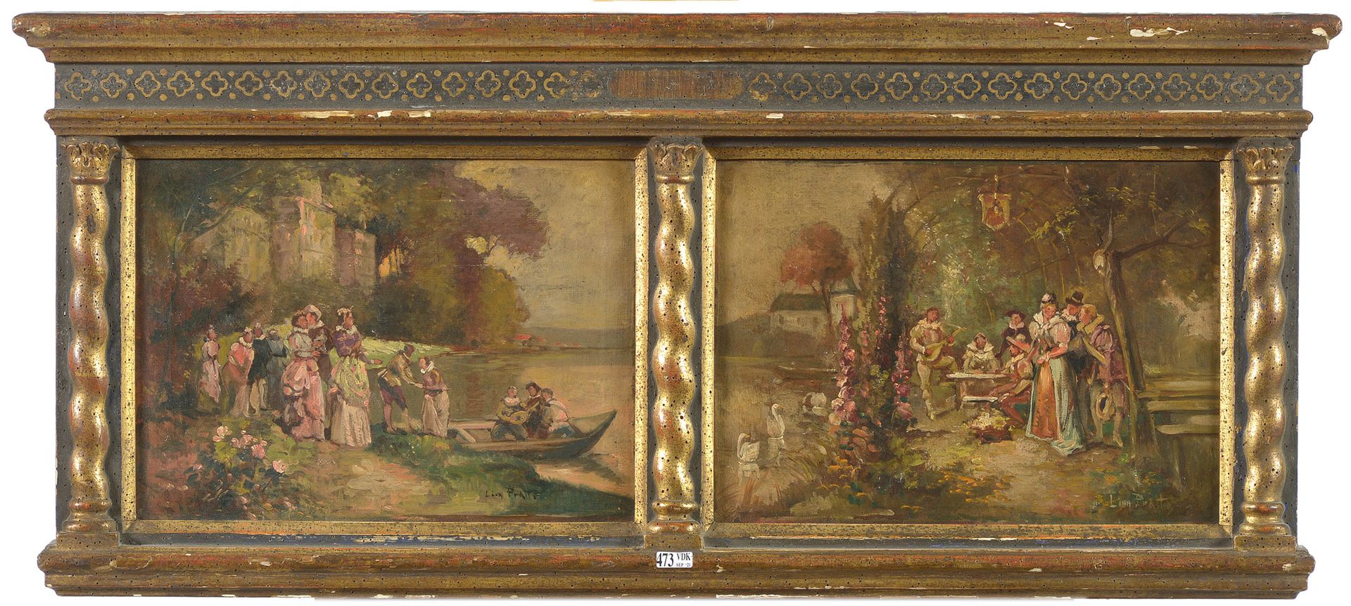 PRATTE Léon (XIXème). (?). Díptico, óleo sobre lienzo "Fêtes galantes sur fond d&hellip;