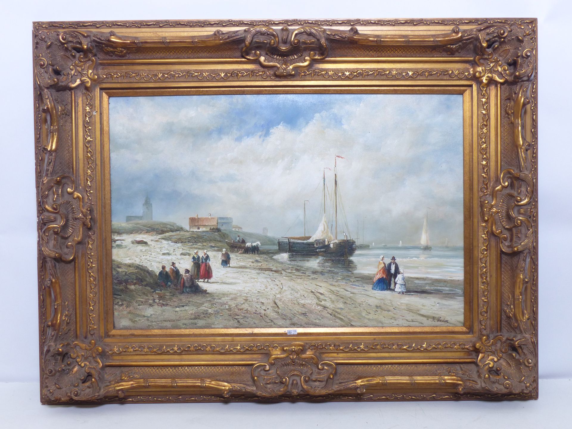 Null Huile sur toile "Bord de mer animé". Signé Hendrik Vader. Dim: 60x90 cm.