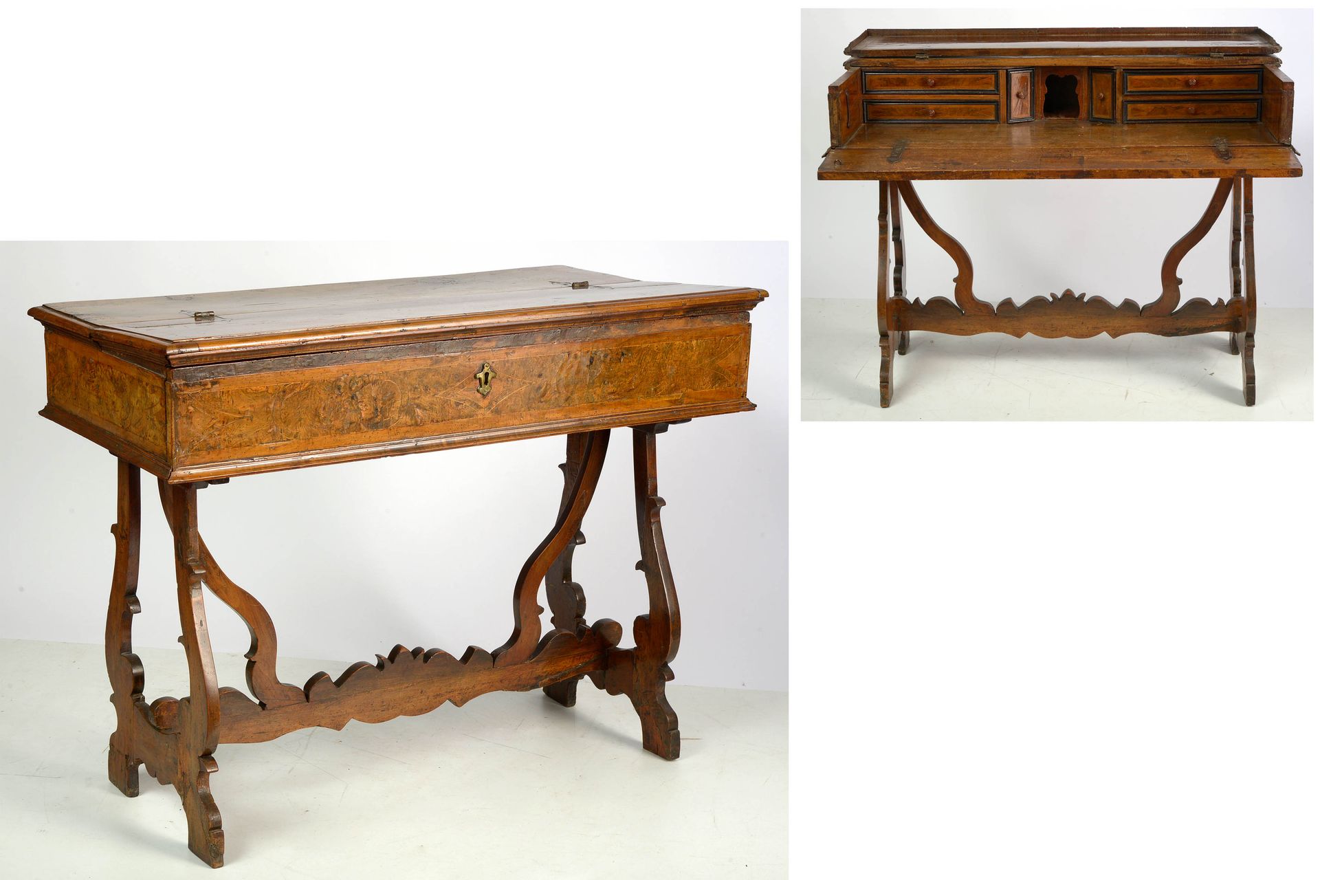 Null Desk "Cithare" in solid walnut and marquetry of burr walnut and clear nets &hellip;