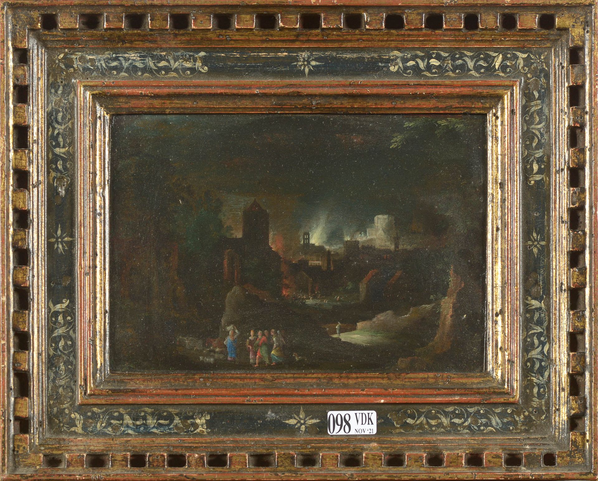 SCHOUBROECK Pieter (1570 - 1607). Attribué à. 铜板上的油画 "罗得和他的女儿们逃离所多玛"。归功于彼得-舒布罗克。&hellip;