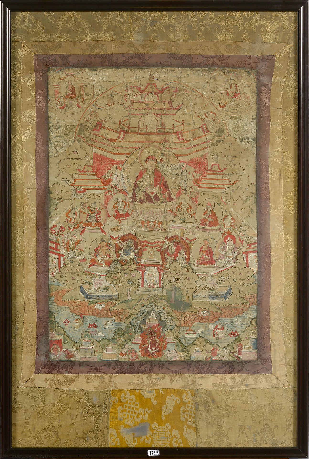 Null 绘有 "神庙 "的 "唐卡 "装饰。汉藏工作。年代：18世纪（？(*).尺寸：+/-62x44,5cm。