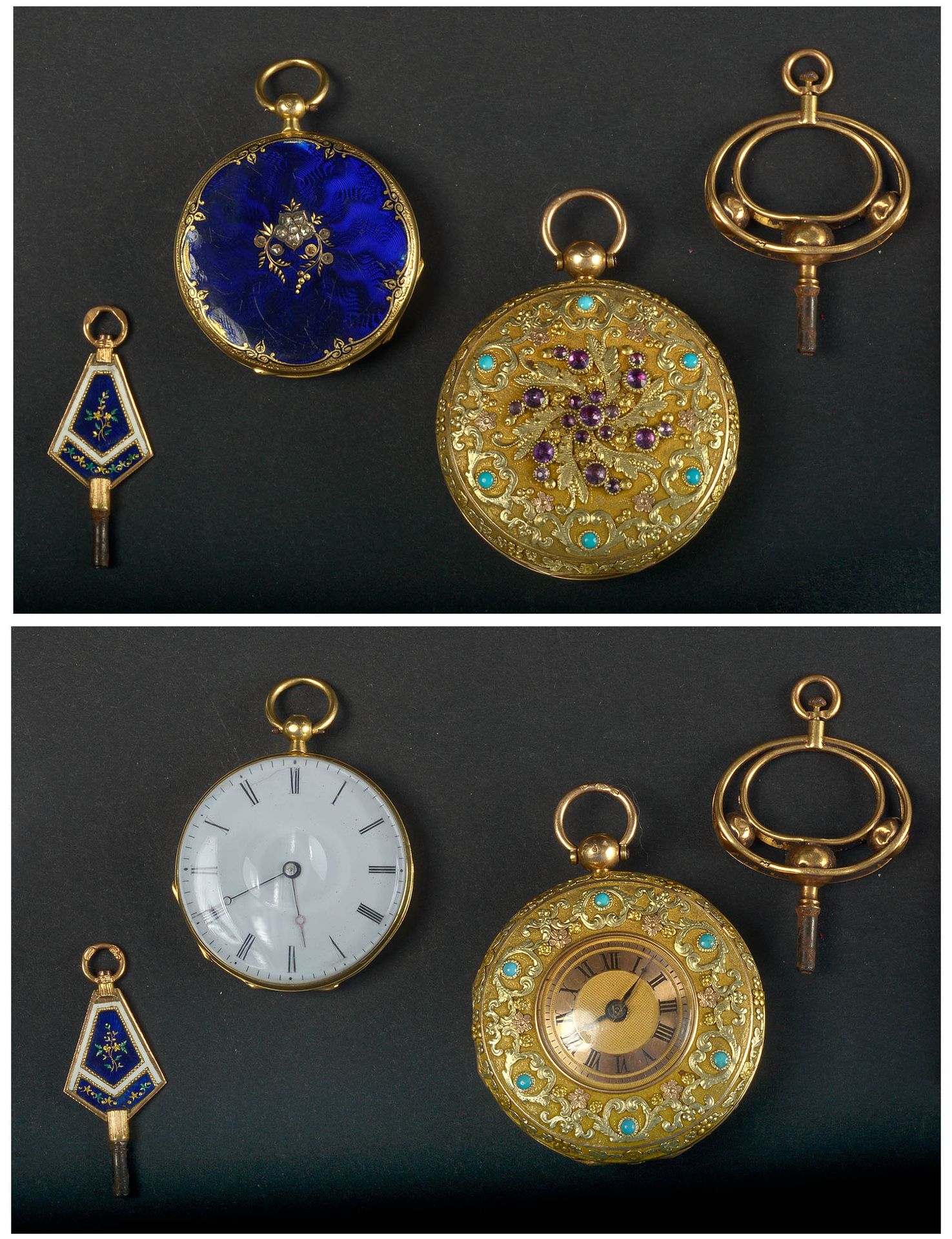 Null 两只18K黄金怀表，镶嵌蓝色珐琅，玫瑰式切割钻石，紫水晶和绿松石。两把18K黄金钥匙，其中一把镶有蓝色珐琅。尺寸：+/-3.3x4.6厘米和4x5.3&hellip;
