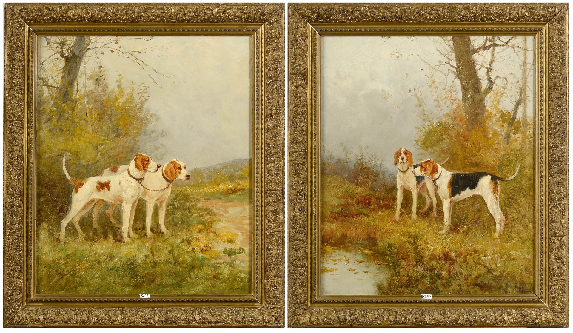 Null Pair of oil on canvas "The hunting dogs". Signature not deciphered in the l&hellip;