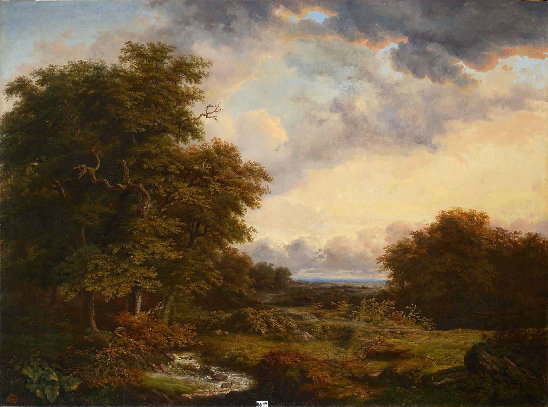 B. Emile (XIXème). (?). 布面油画《穿越森林景观的溪流》。左下方的岩石上签有Emile B(...) (?)，日期为188(...)。年代&hellip;