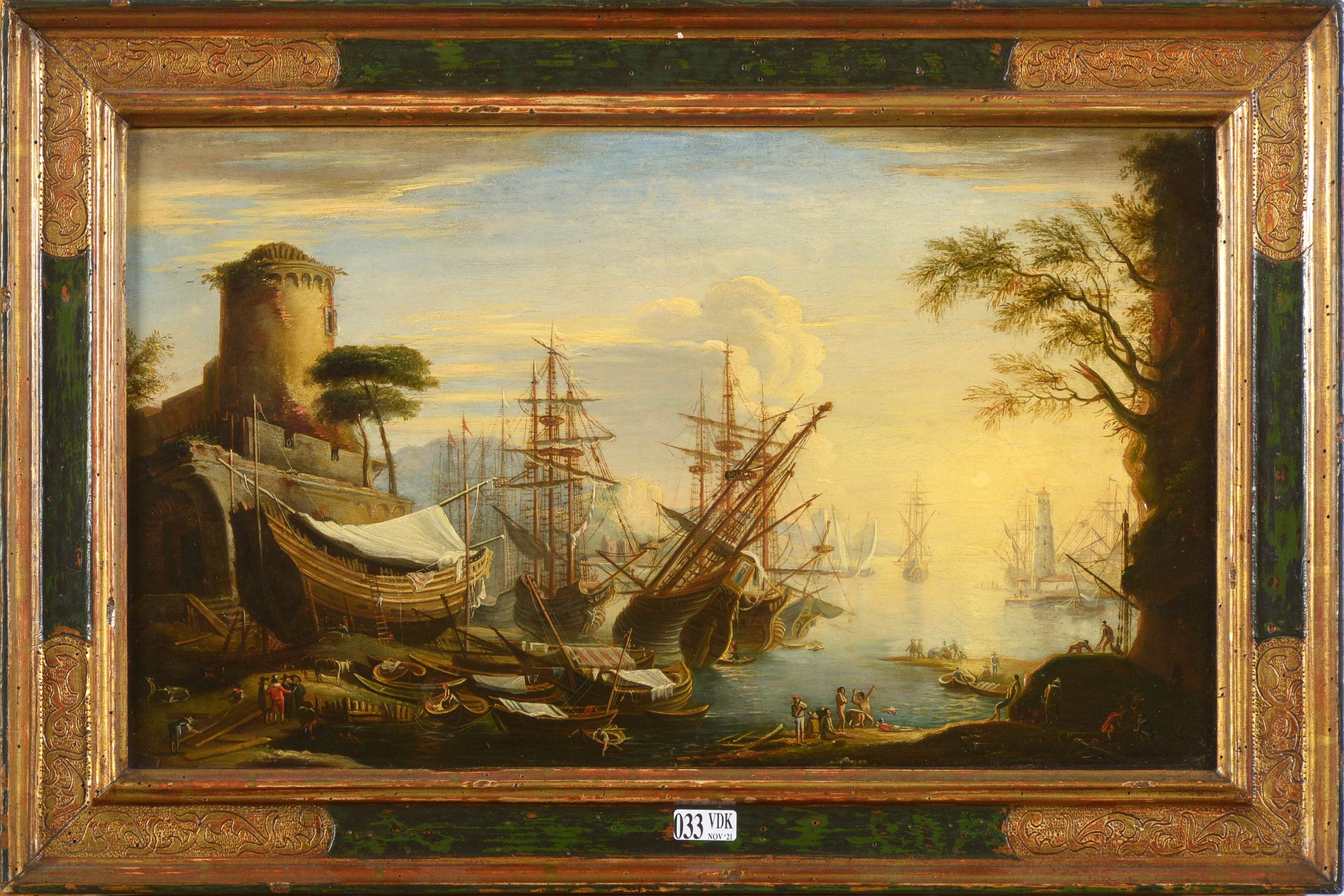Null 镶嵌在画布上的油彩 "热闹的港口场景"。匿名。法国学校。年代：18世纪末-19世纪初。尺寸：+/-27x45,5cm。