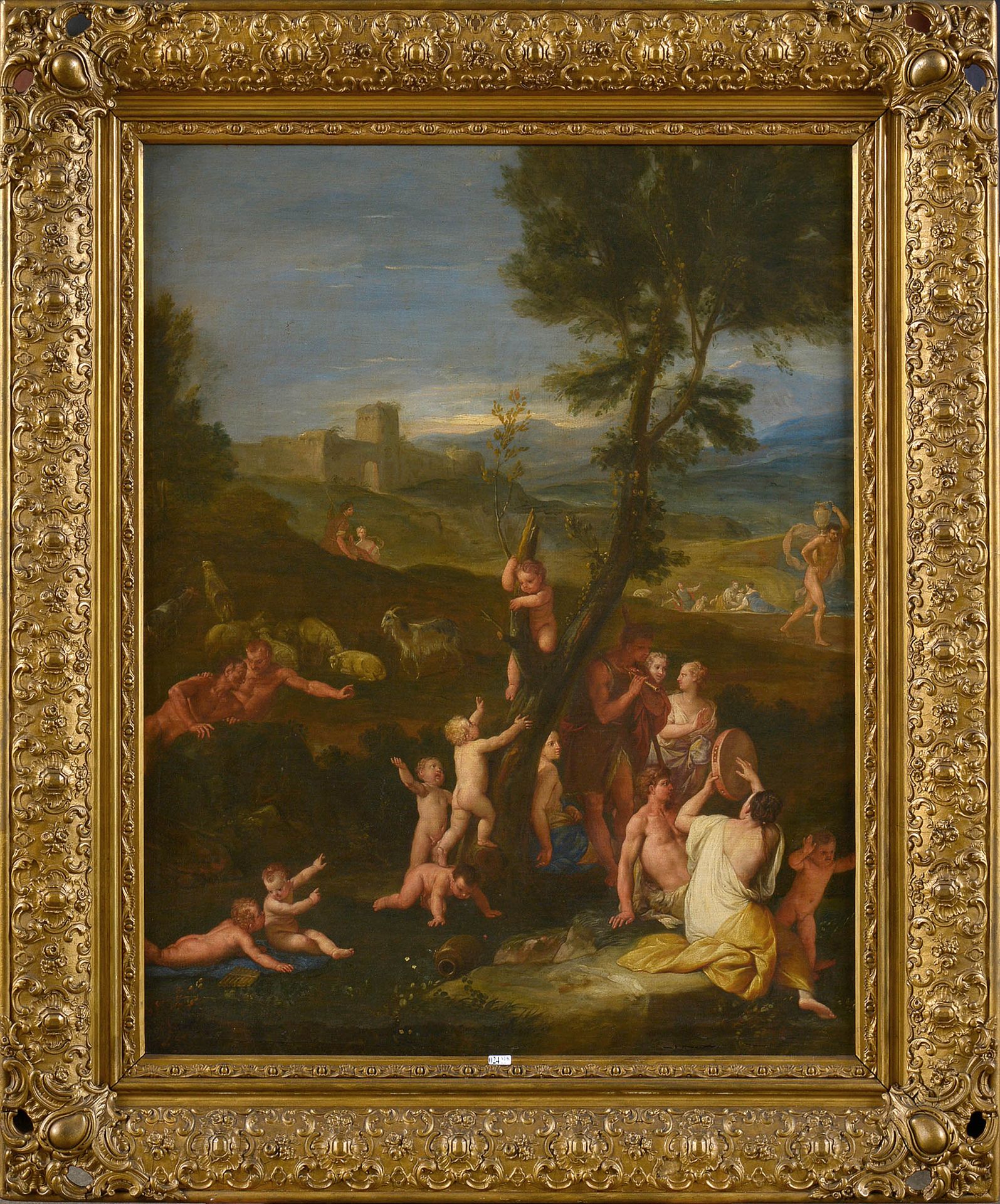 VAN POELENBURGH Cornelis (1586 - 1667). Atelier de. 镶嵌在画布上的油画《节日：风景背景下的巴克斯和仙女们》。&hellip;