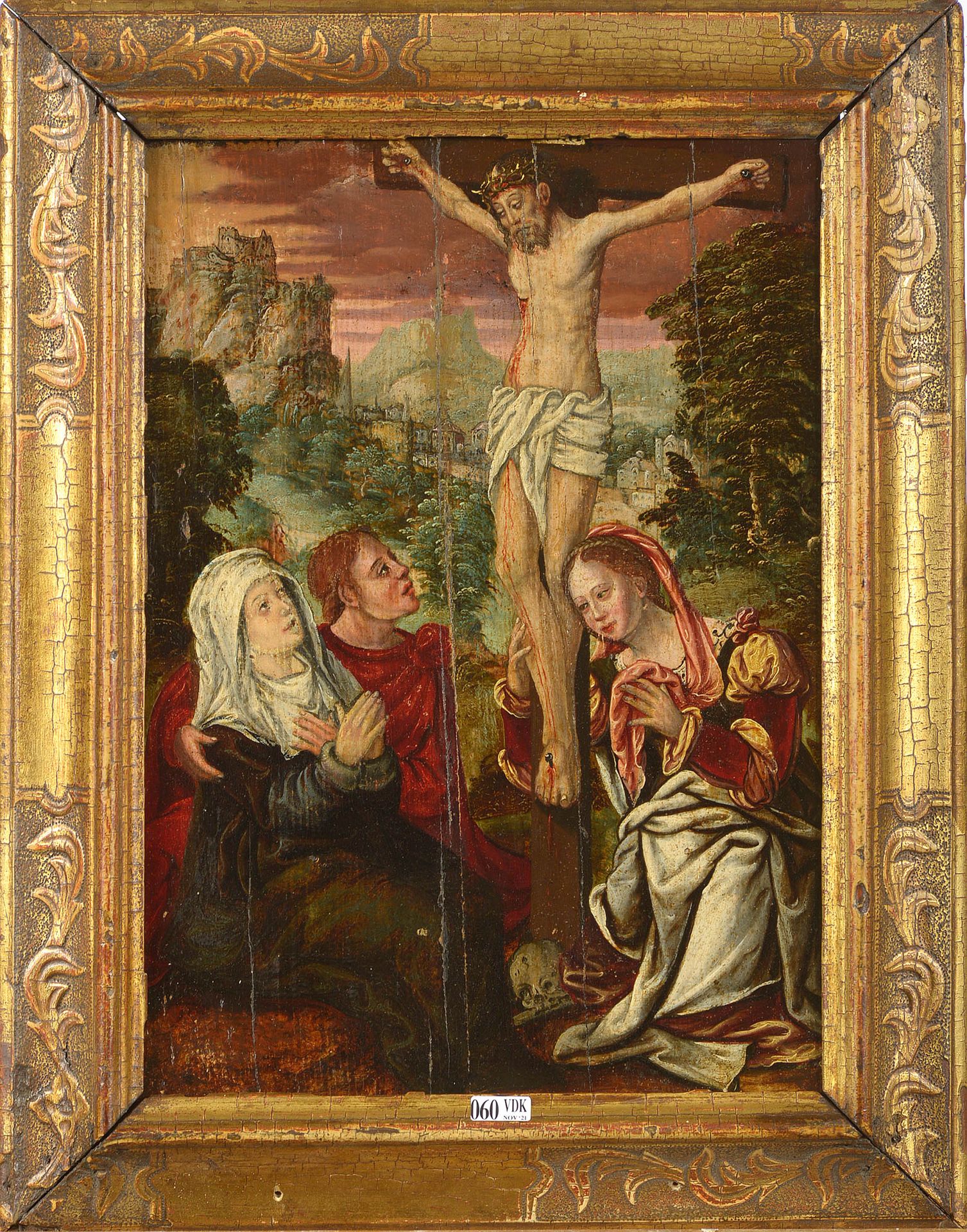 Null Oil on oak panel with parquet "The Crucifixion". Anonymous. Flemish school.&hellip;