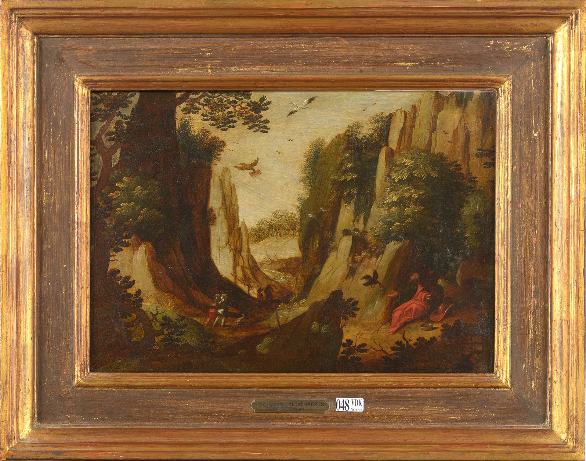 VAN VALCKENBORCH Lucas (c. 1535 - 1597). Attribué à. 橡木板上的油画《以利亚在风景背景下被乌鸦喂食》。归功于&hellip;